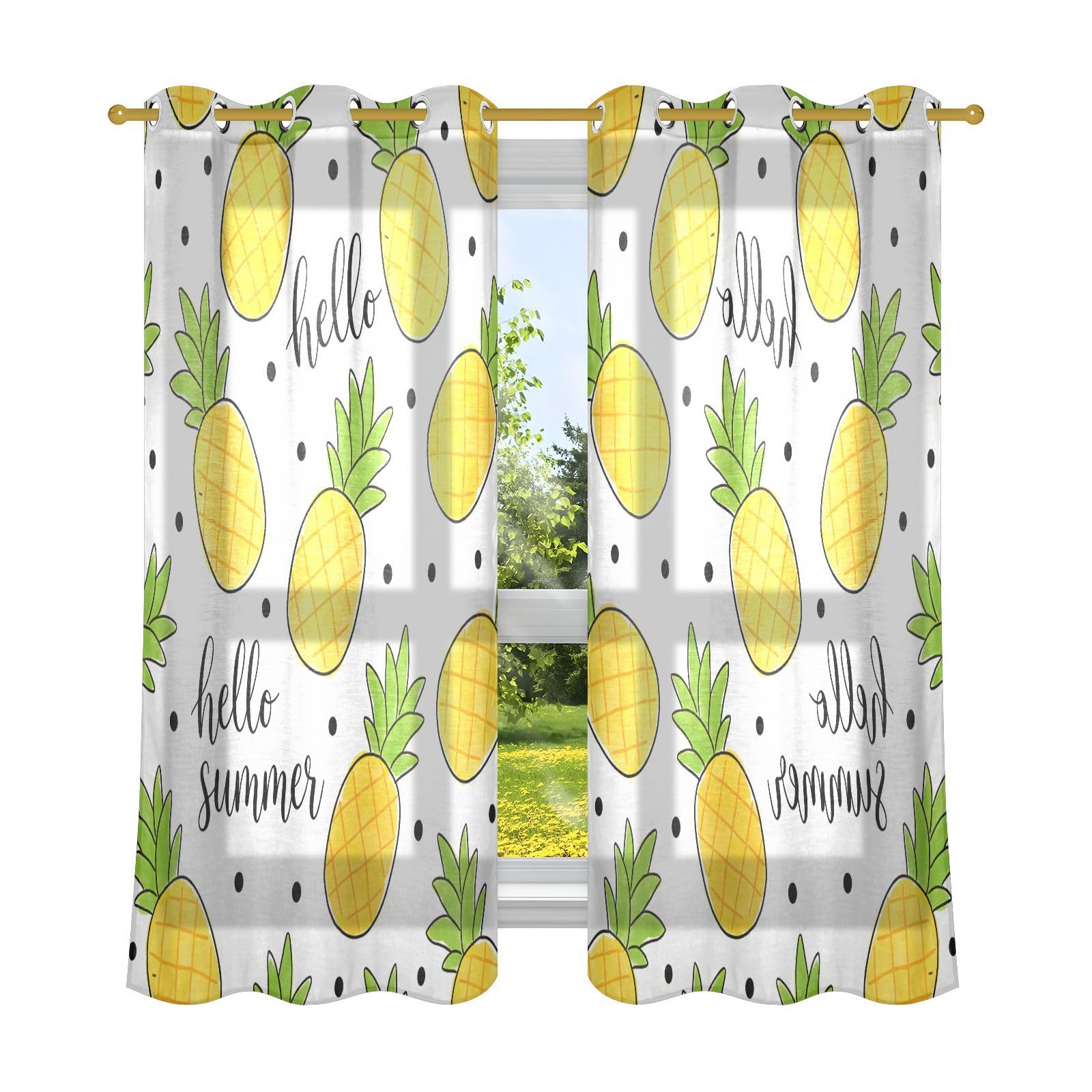 Cortinas decorativas que filtran la luz, bonitas piñas amarillas en verano, cortinas de sala de estar, 160 cm de largo, transparentes, juego de 2 paneles