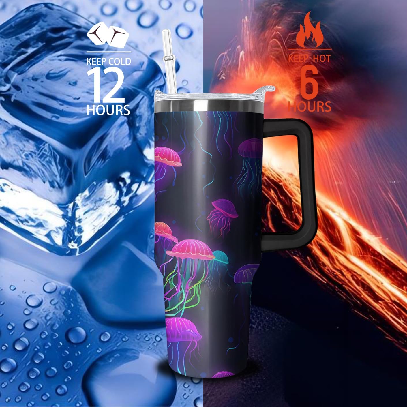 40oz Jellyfish Tumbler with Handle and Straw, Animal Lovers Gifts for Women Men, Sea Ocean Stainless Steel Travel Mug Water Bottle, Colorful Vacuum Insulated Cup with Lid - Image 4