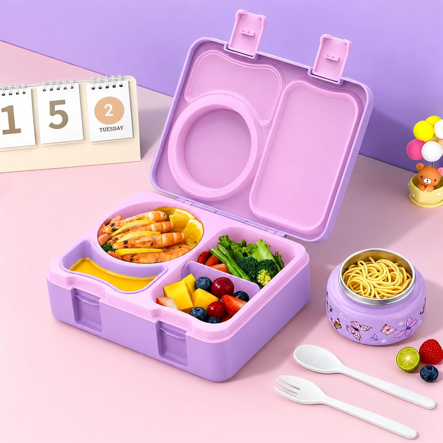 Bento Box for Kids, Leakproof Kids Lunch Box with 8.5OZ Thermo Food Jar & Lunch Bag, 3-4 Compartments Toddler Insulated Lunch Box for Girls, BPA Free Lunch Containers for School Daycare