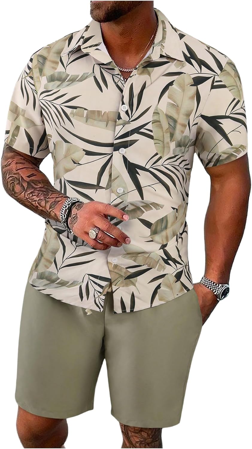 Verdusa Men’s 2 Piece Tropical Outfits Button Down Collared Shirts and Track Shorts with Pockets