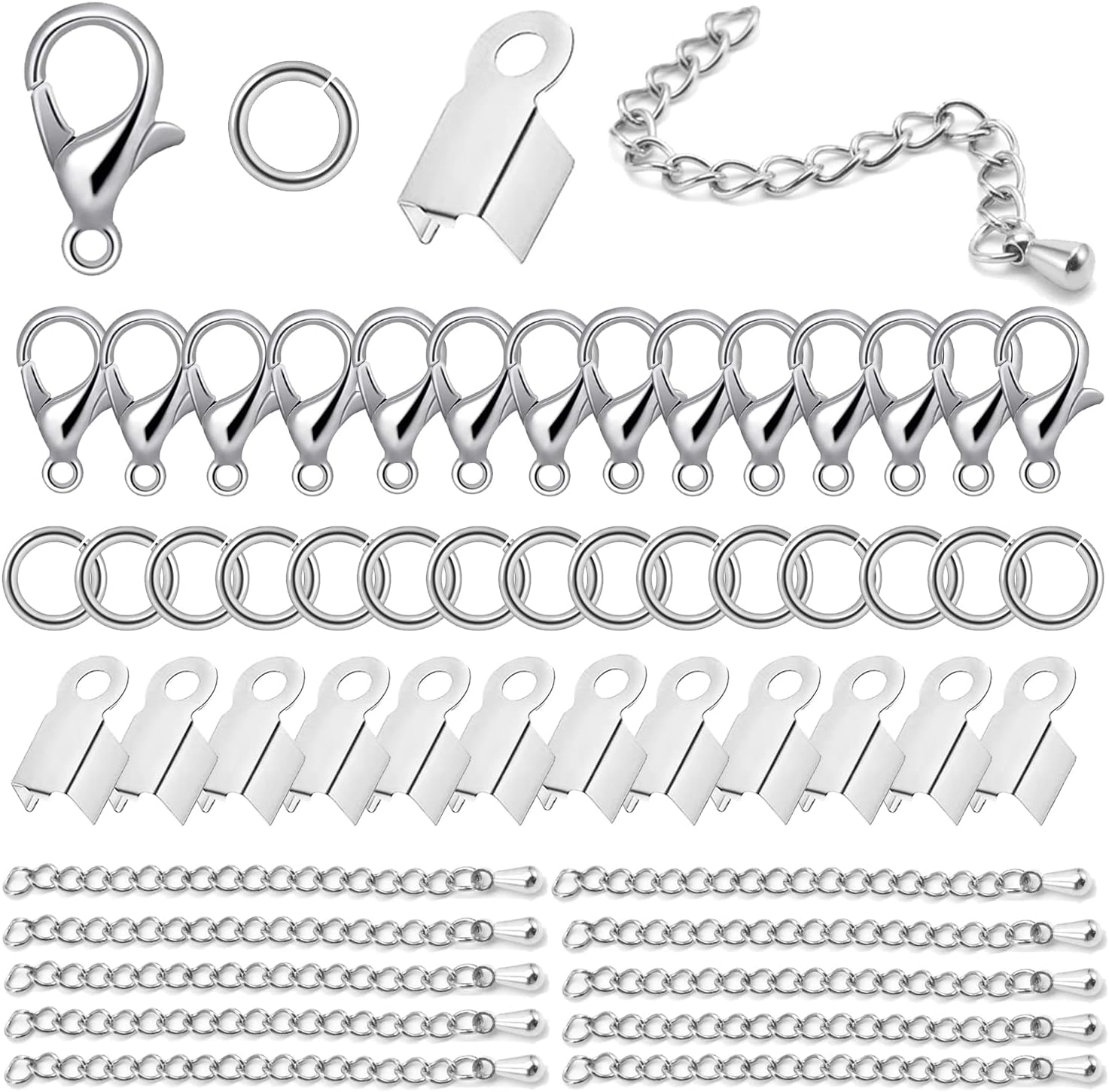 580 Pieces Jewelry Making Accessories Set Including 250 Open Jump Ring Connectors 250 Fold Over Cord End Caps 50 Lobster Claw Clasps and 30 Water-Drop Extension Chain for Bracelet Necklace