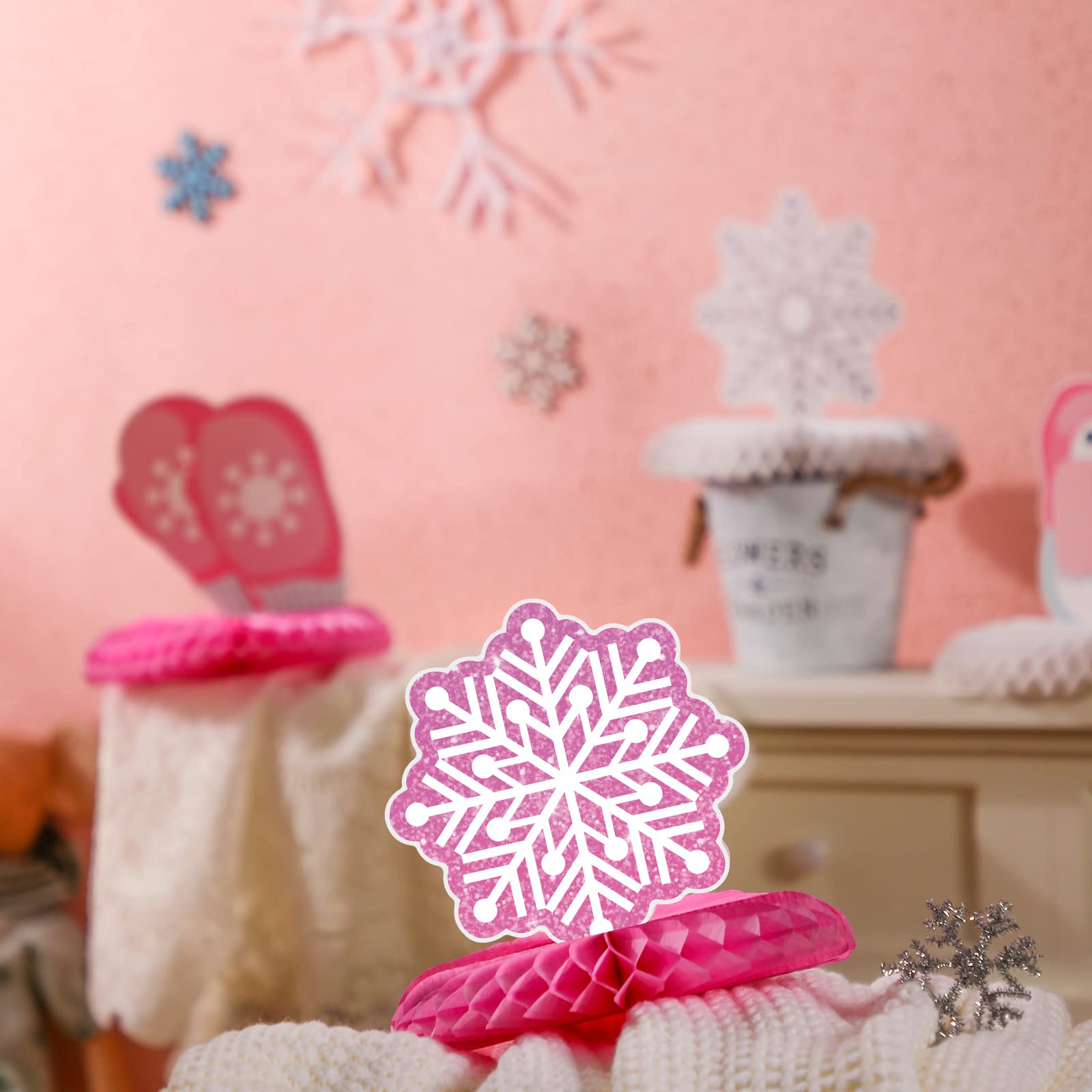 12 Pcs Snowflake Honeycomb Centerpieces for Table Winter Wonderland Christmas Decorations Baby It's Cold Outside Pink Centerpiece Silver Baby Shower Snowflake Party Supplies for Winter Birthday Party