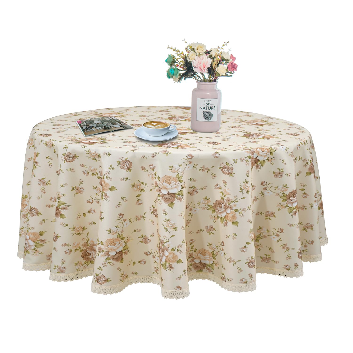 Floral Print Round Tablecloth 70 Inch Stain Resistant and Waterproof Wine Table Cover for Kitchen Dining Indoor Outdoor Buffet Tabletop Decoration (Beige Background & Brown Flowers)