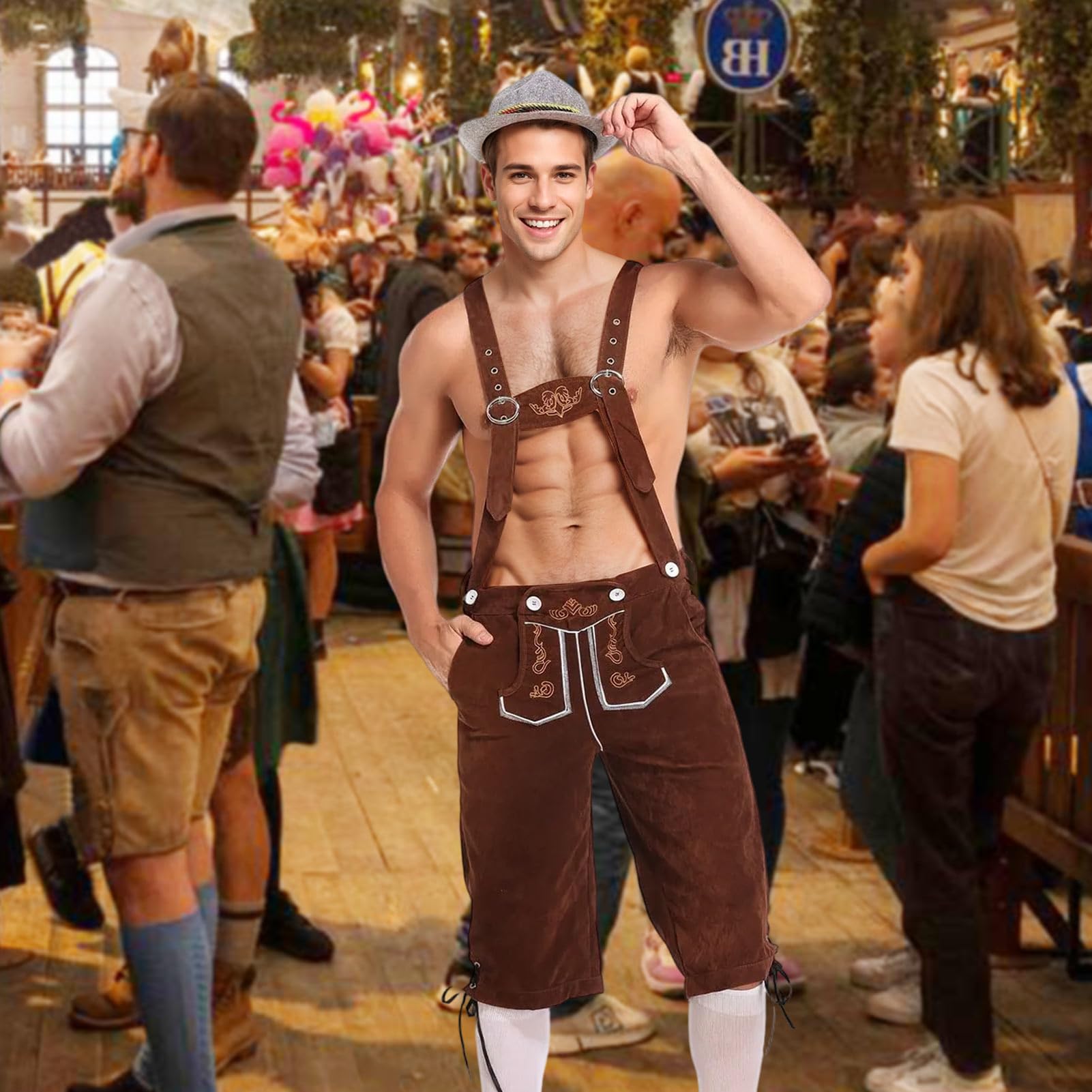 Set di pantaloni in pelle, da uomo, per costume tradizionale bavarese, per Oktoberfest, con spalline e calze, in pelle, da uomo, colore nero/marrone, stile bavarese, per Oktoberfest