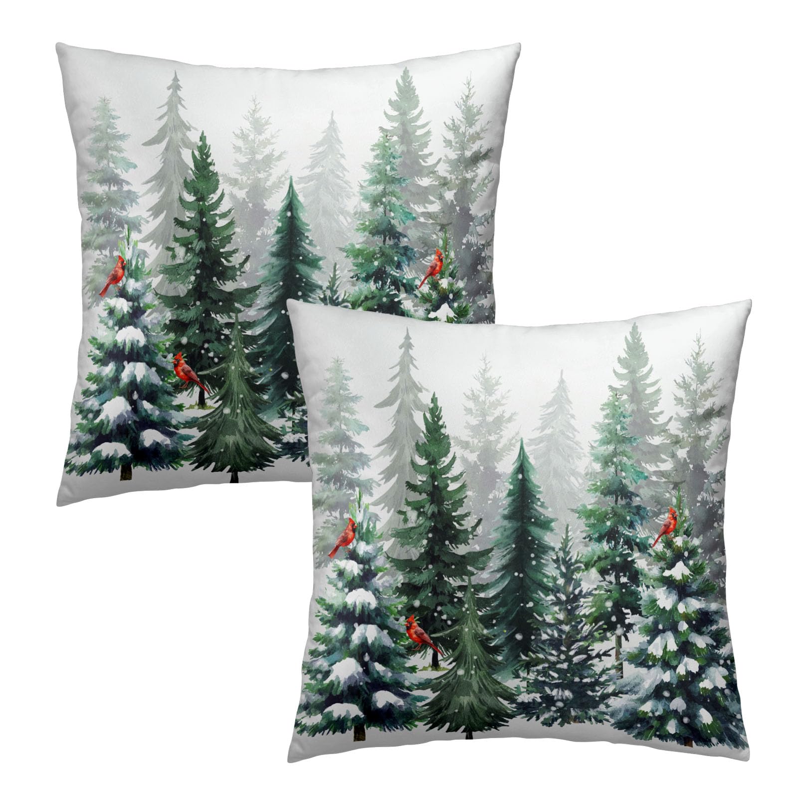 Winter Watercolor Snowflake Throw Pillow Covers 18X18 Inches Set of 2 Green Pine Tree Forest Red Bird Pillowcase Soft Cotton Square Cushion Covers for Home Sofa Bedroom Decoration