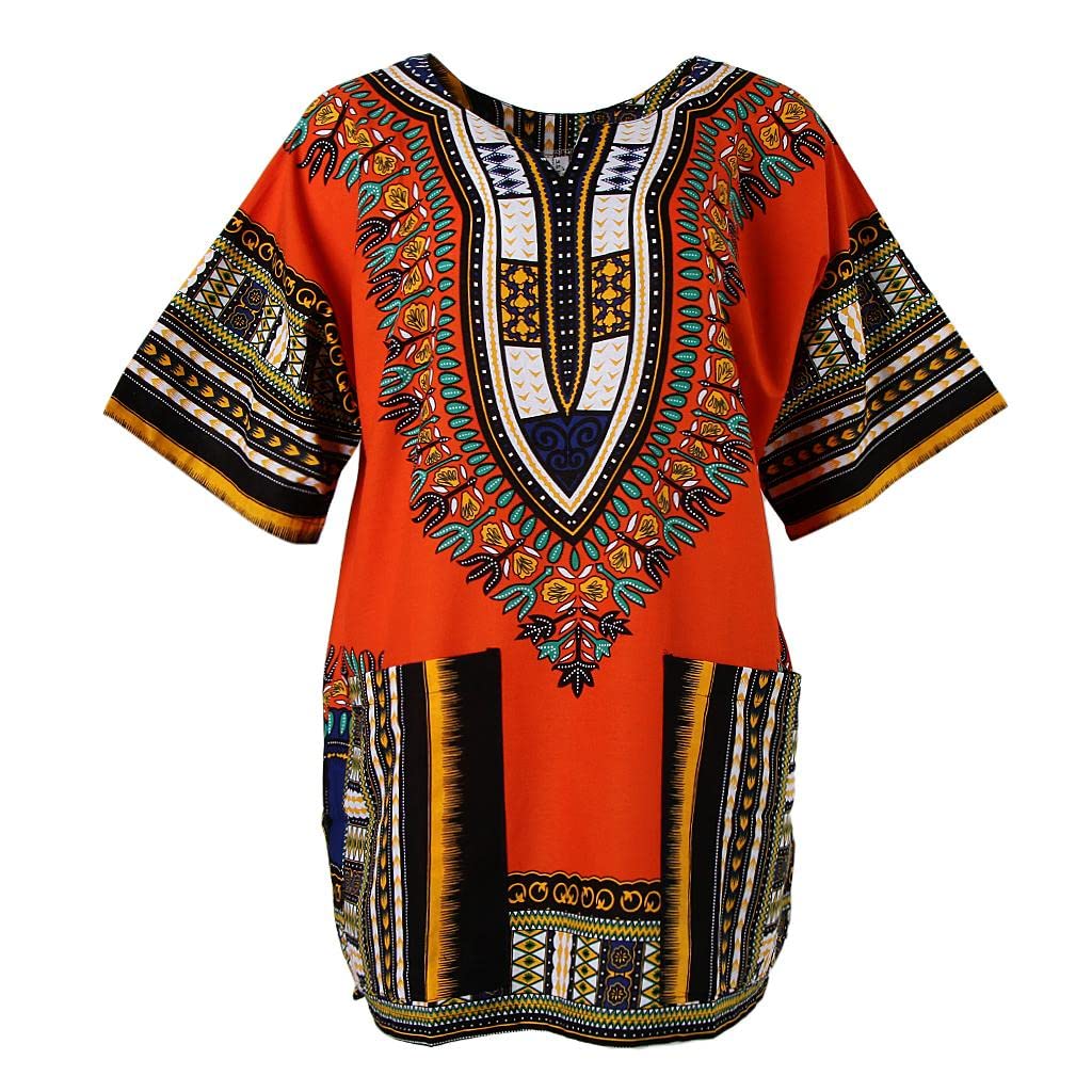 calandis Unisex African Prints Dress Cotton Dashiki Shirt Ethnic Caftan Orange, Casual Shirts-picture-43
