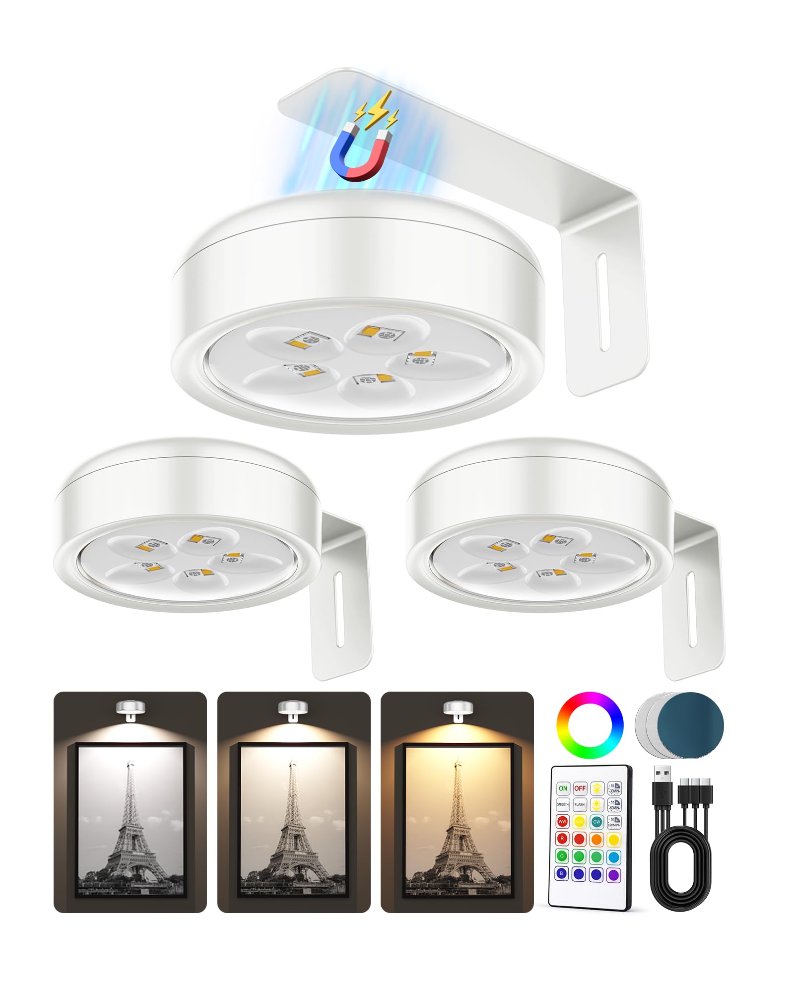 Bilderleuchten für die Wand, kabellos, 2000 mAh, wiederaufladbar, magnetisch, LED-Puck-Lichter mit Fernbedienung, 3 Farbtemperaturen und 12 RGB, Dimmen und Timer, Kunstrahmen-Licht für Malerei, Fotos