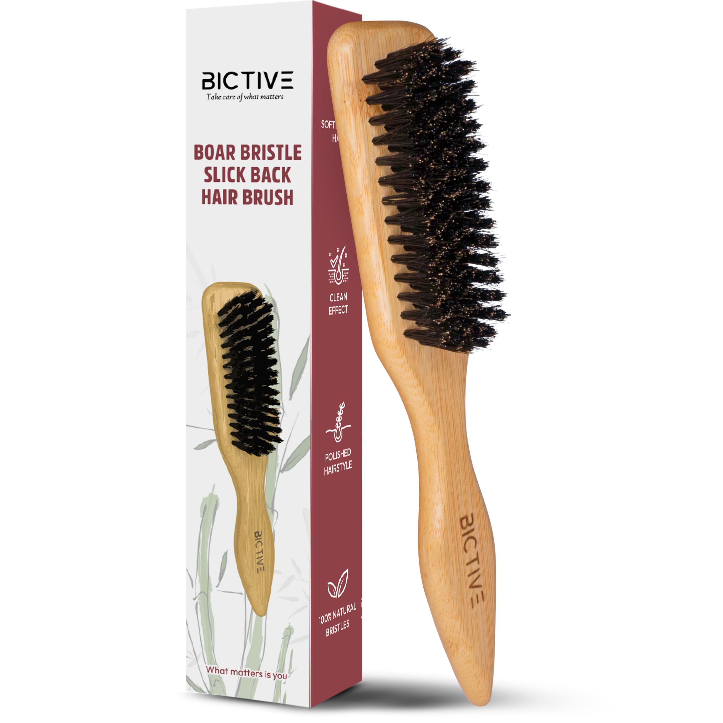 BICTIVE® Slick Back Hair Brush. Boar Bristle Brush, 100% Natural Bristles for Styling and Smoothing, Anti-Breakage