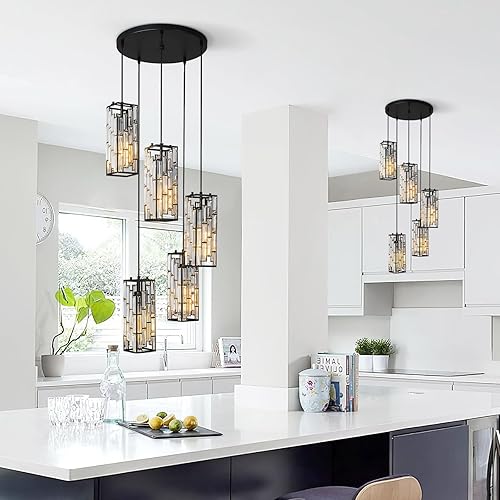 Miniatura 7 de FDPBY Lámpara colgante negra, lámpara colgante moderna, mini candelabros de cristal, lámpara colgante ajustable para cocina, isla de comedor,