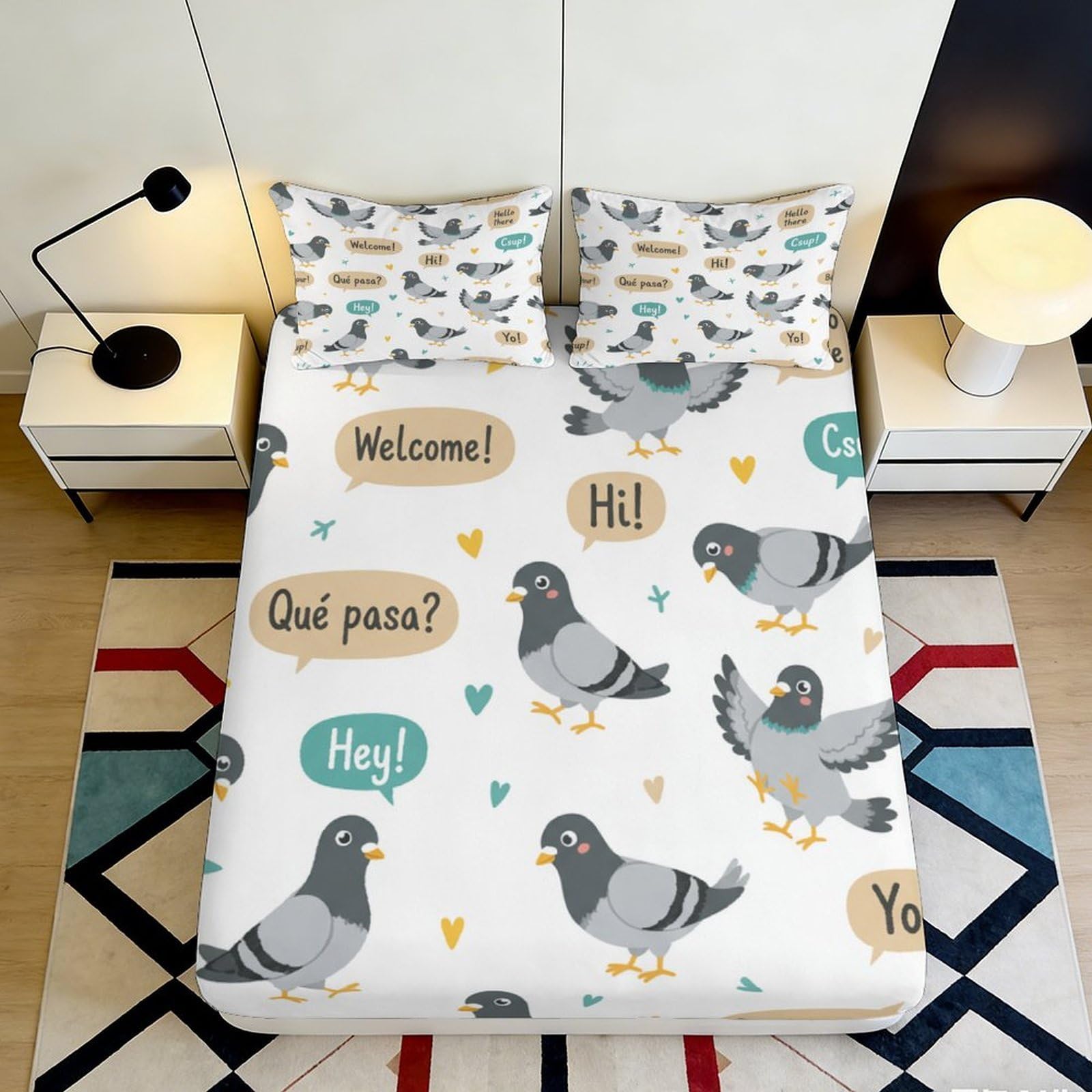 3D Printed Cartoon Pigeon Fitted Sheet Microfiber Soft Breathable Speech Bubble Mattress Cover for Bedroom Dorm Decor 90x200x25cm