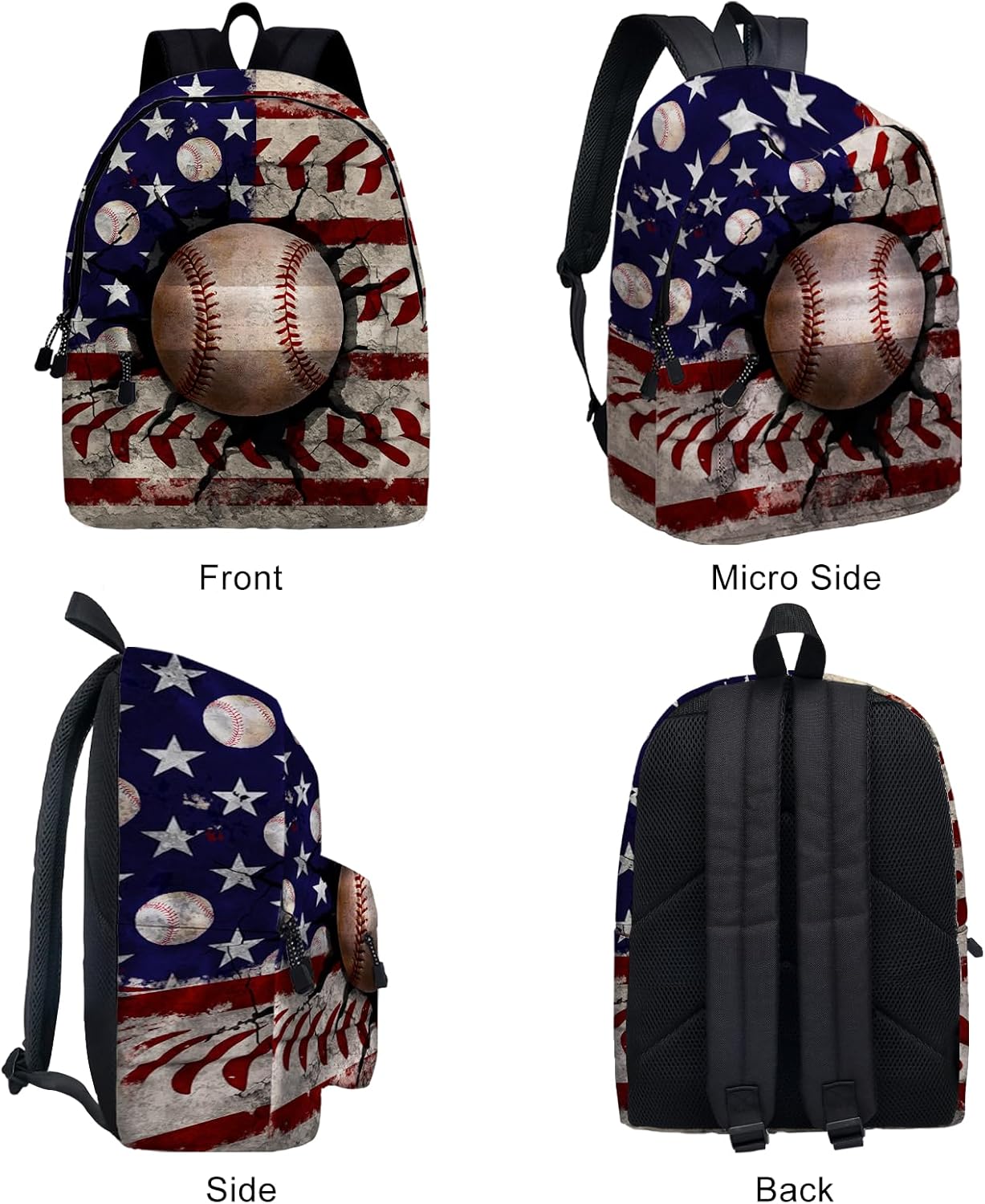 American Flag Baseball School Backpack for Boys Bookbag, 16 Inch USA Sports Theme Laptop Back Pack for School Travel Hiking Camping - Image 6