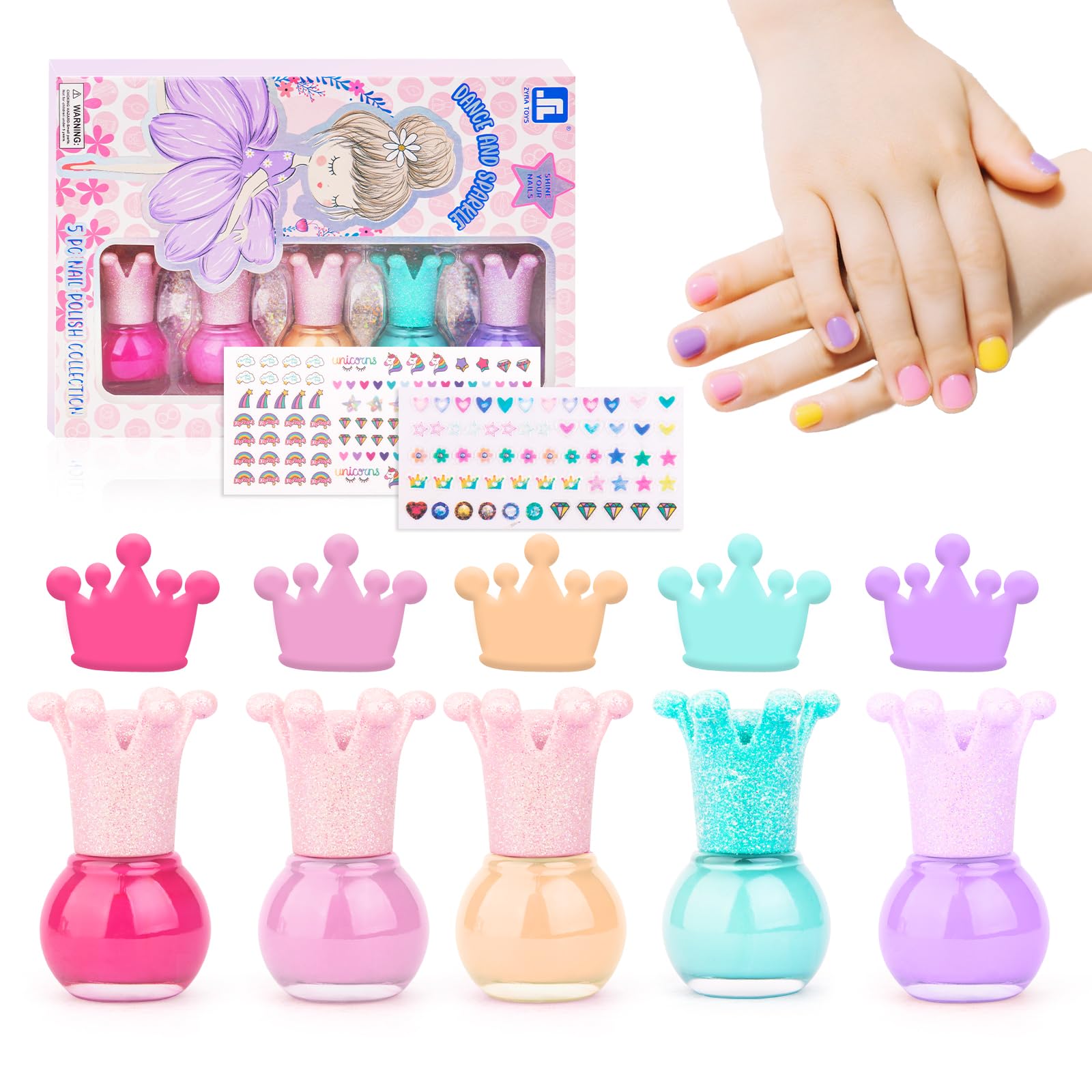 Juego de Esmalte de Uñas Pelables para Niñas – 5 x 5ml Colores con Purpurina, Secado Rápido, a Base de Agua + 2 Hojas de Pegatinas – Kit de Regalo Infantil