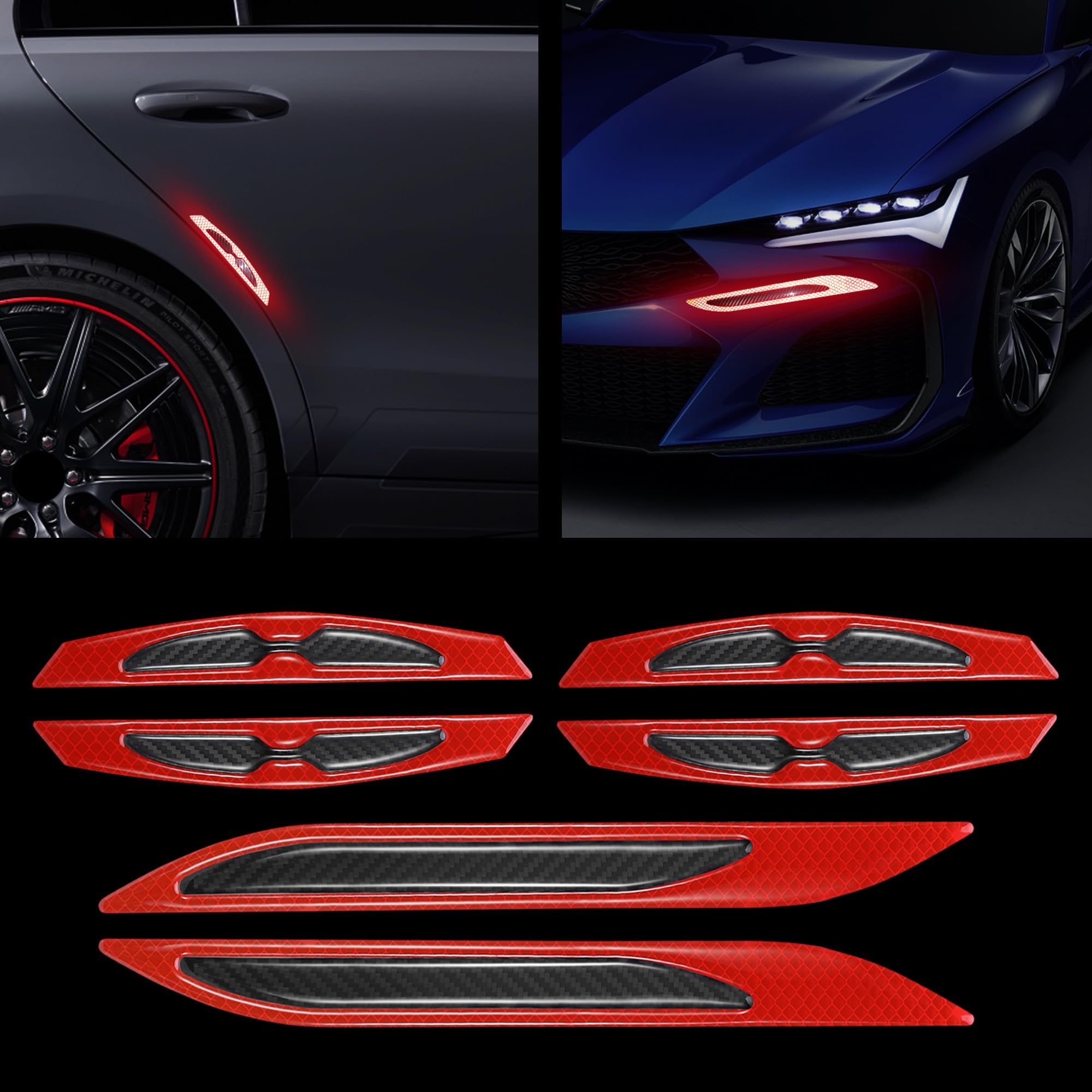 TOMALL 6Pcs Reflective Car Door Edge Guards Door Safety Warning Strip Sticker Carbon Fiber Anti-Collision High Night Visibility Reflect Door Corner Bumper for Side Fender Body Sticker Decoration (Red)