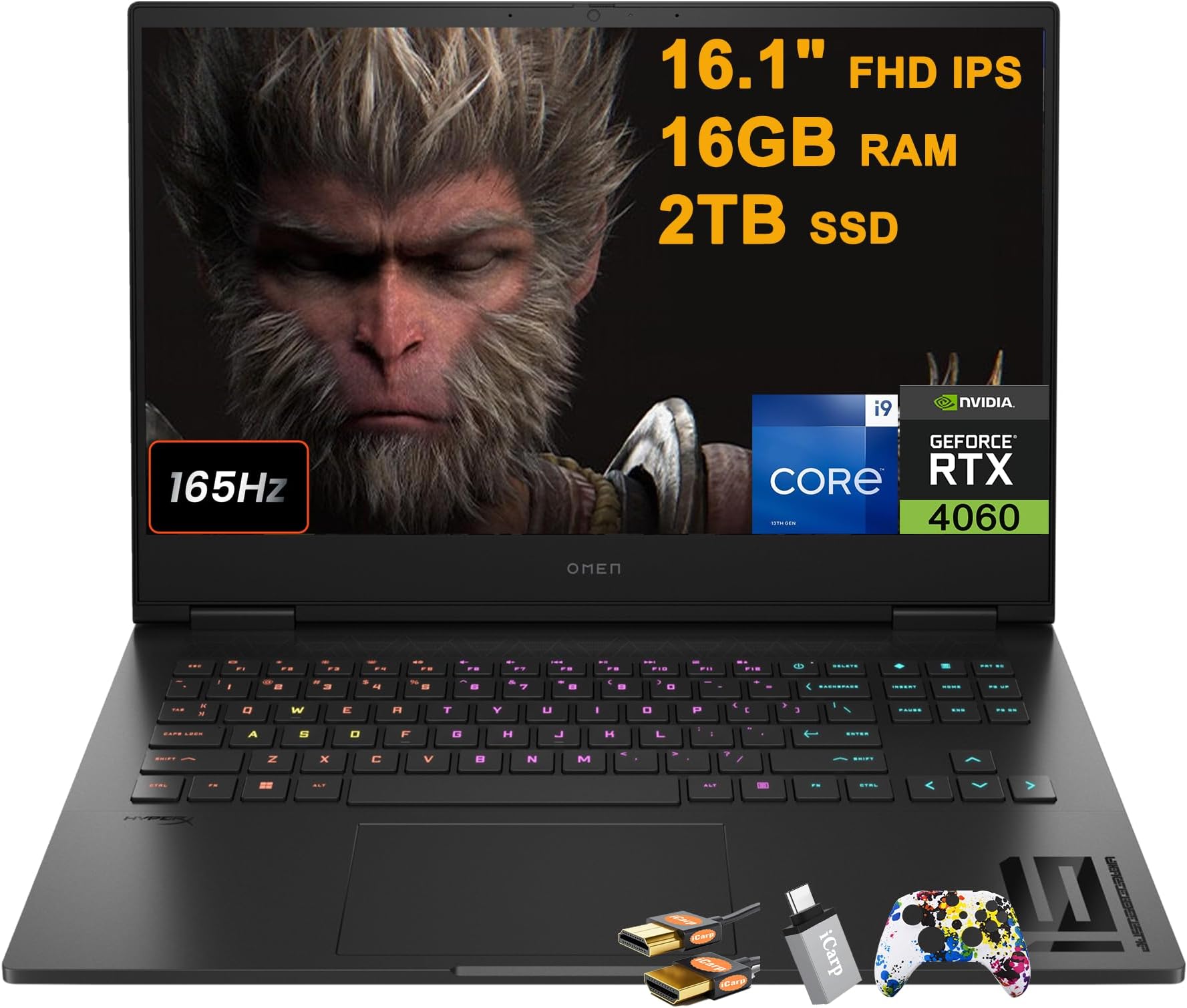 HPOmen 16 Gaming Laptop 16.1" FHD 165Hz (sRGB 100%, G-SYNC) Intel 24-core i9-13900HX 16GB RAM 2TB SSD GeForce RTX 4060 8GB RGB Backlit Thunderbolt FHD Privacy Camera Fast Charge Win11 w/ICP Accessory