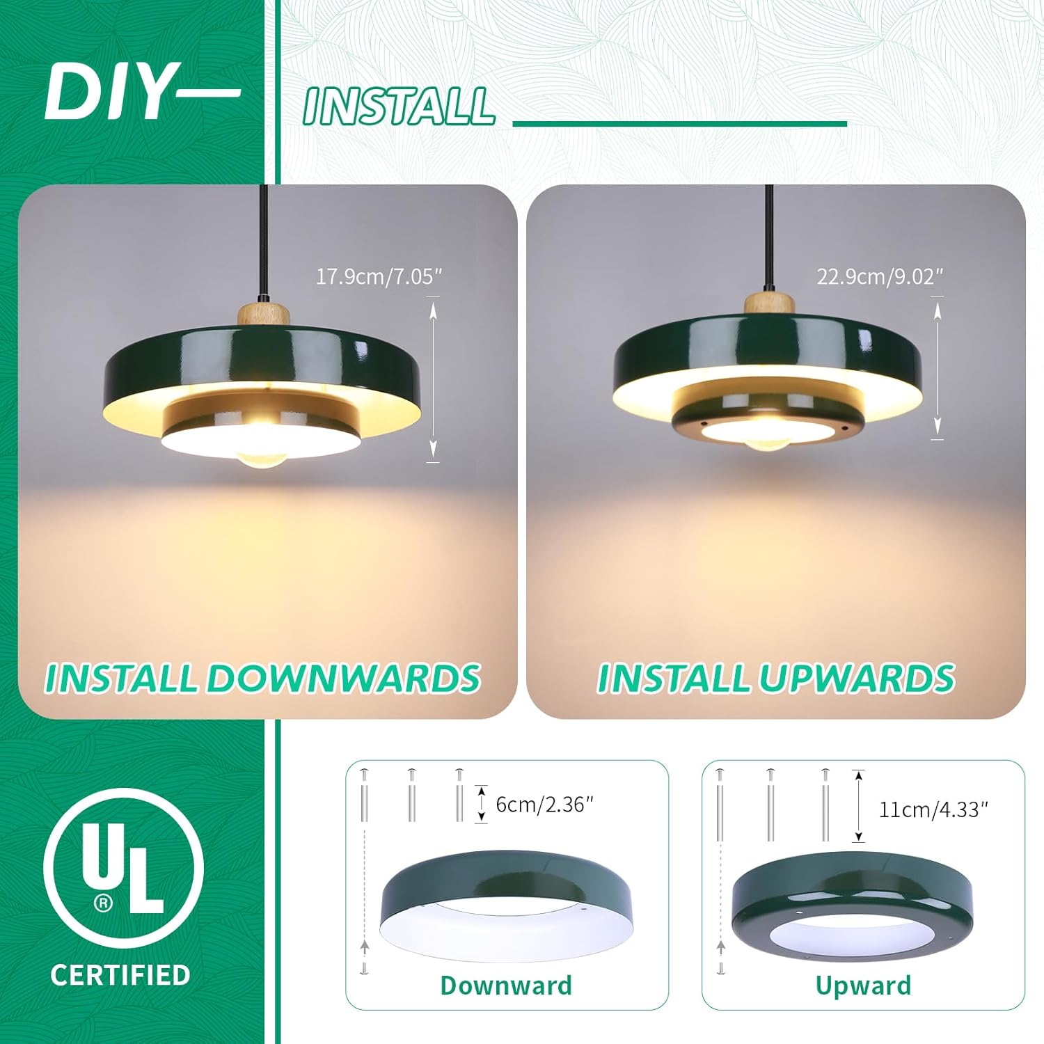 Mid Century Modern Plug in Pendant Lamp Green Nordic Plug in Pendant Light 1 Lihgt Movable Industrial Light with 13“Metal Shade Ceiling Hanging Light Fixtures for Dining Table Kitchen Island