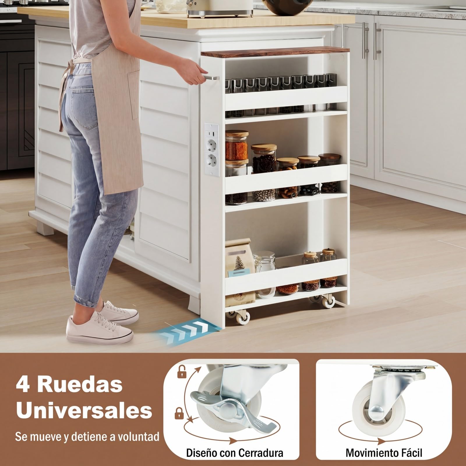 GOPLUS Carrito Auxiliar con Ruedas de 4 Niveles, Carro de Almacenamiento Estrecho con con Asa Lateral y Barandillas, Carro de Servicio Compacto con Enchufes, 47 x 13 x 80 cm (Blanco y Marrón)