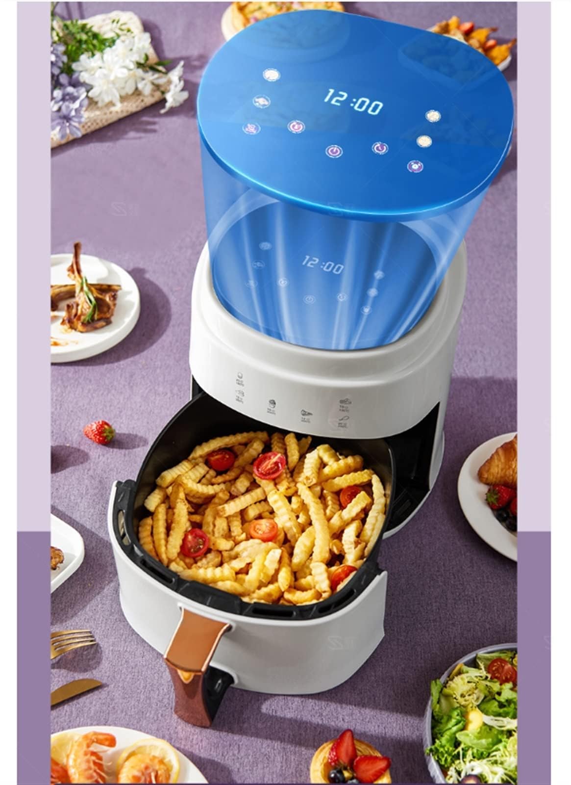 Horno freidora de aire con circulación rápida de aire, sin aceite, temporizador de 60 minutos, temperatura ajustable, cesta antiadherente, receta incluida, control inteligente para comidas familiares