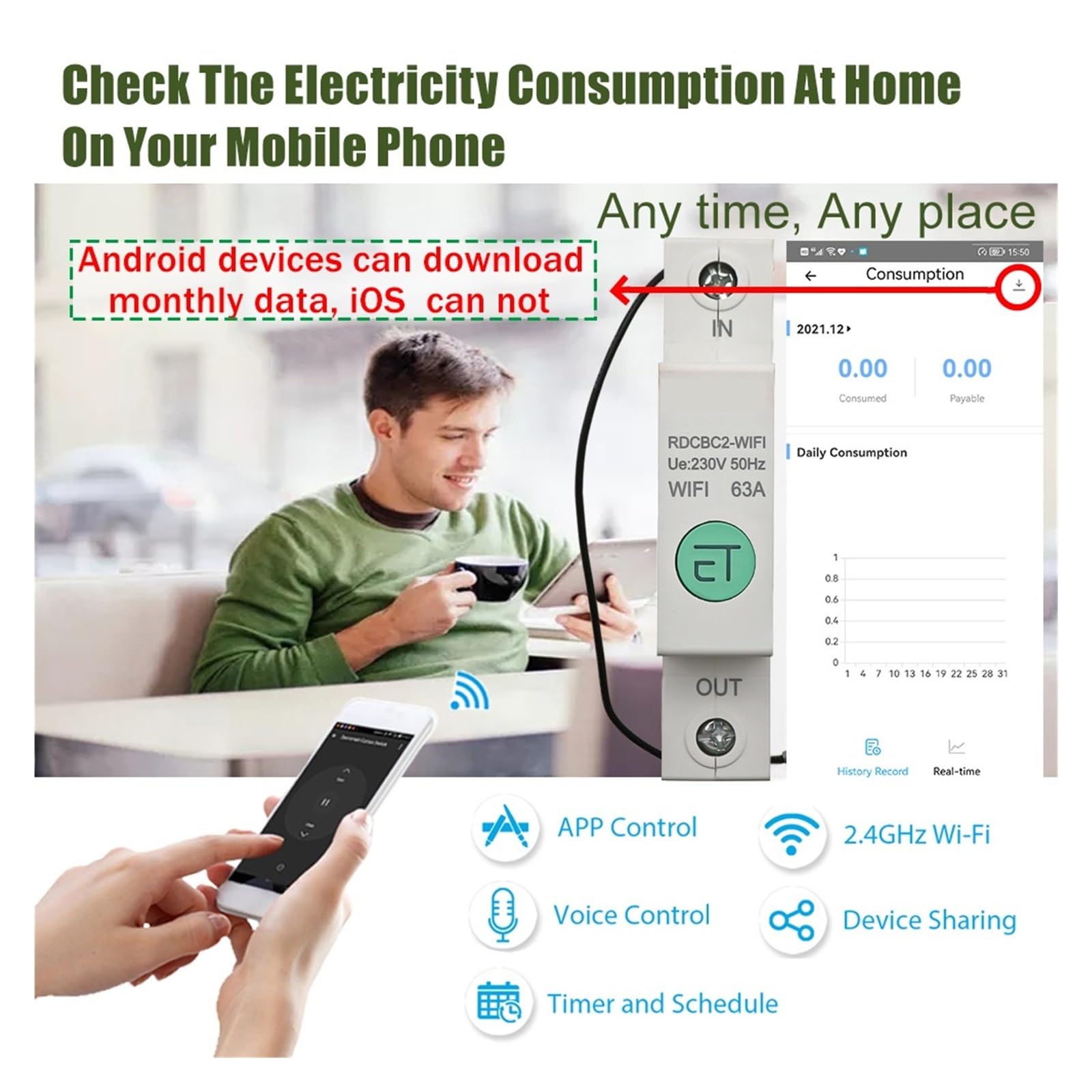 Interruptor Automático, Medidor de energía inteligente con carril Din 1P, consumo de energía, medidor de KWh, interruptor de circuito, voltímetro de relé for hogar inteligente (20A)