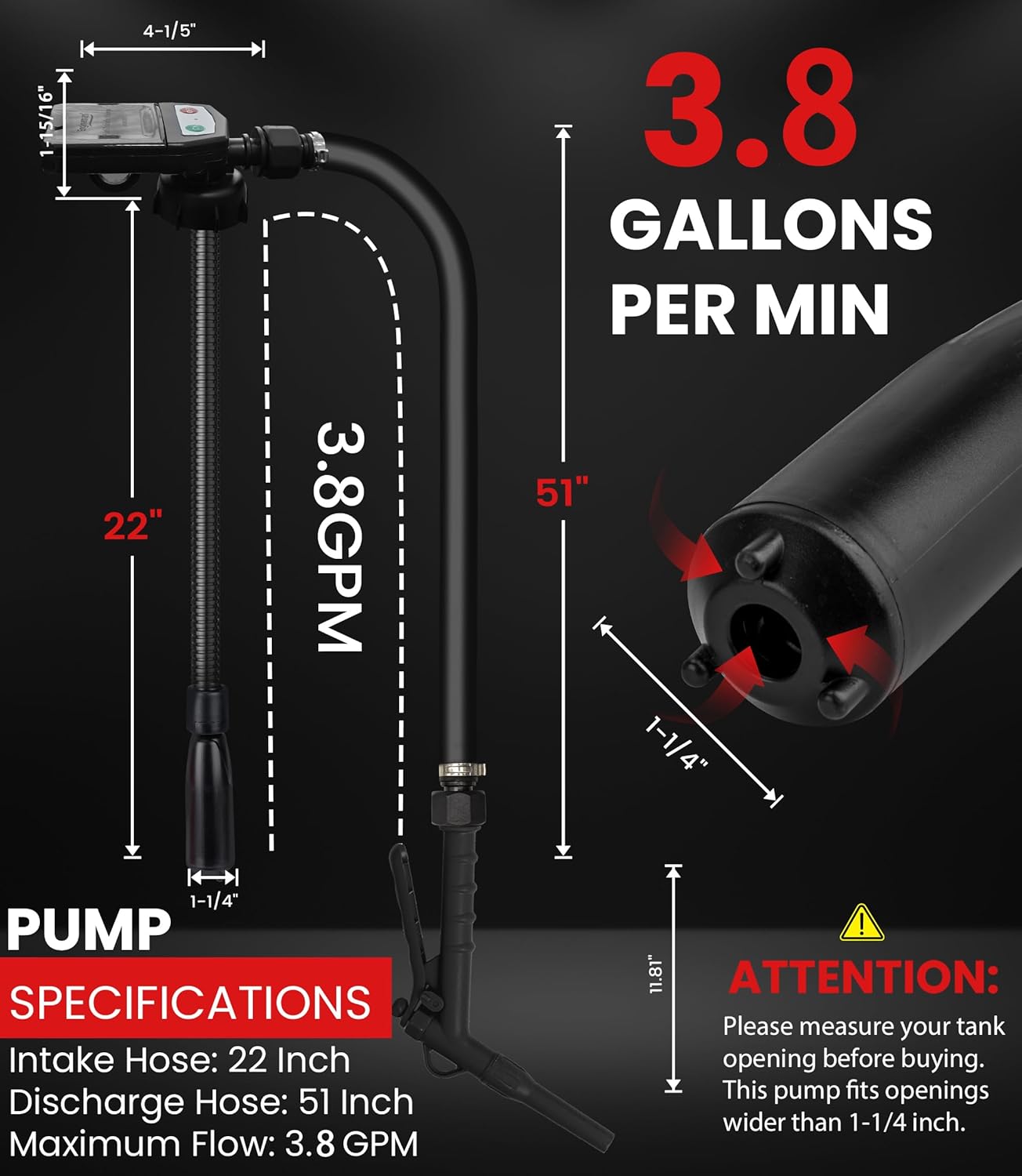 Electric Fuel Transfer Pump with Hand-Stop, USB Charging 3.8GPM 51" Hose 4 Size Adapters Gas Can Pump with for Gasoline, Diesel, Kerosene, Black 2nd Gen, Gifts for Men Dad
