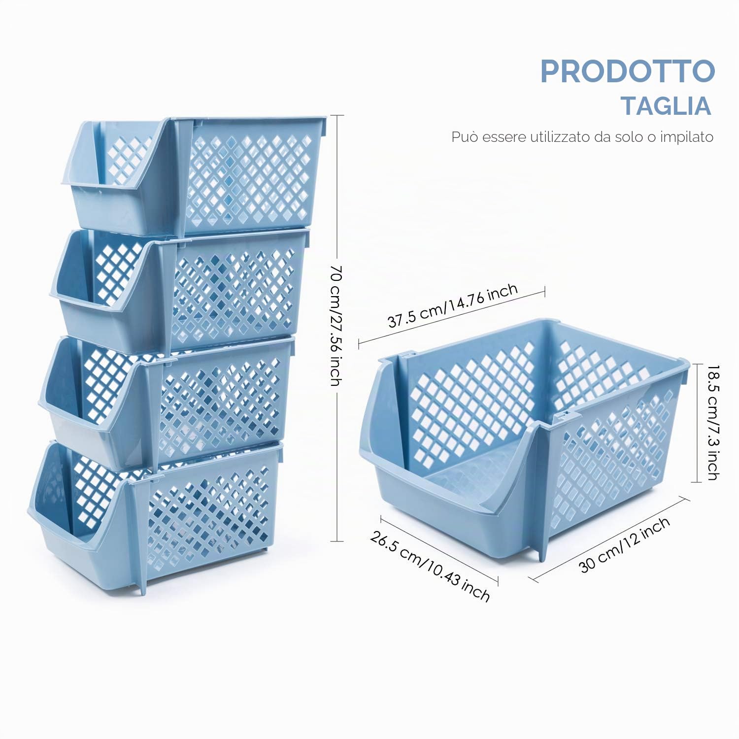 Cenluxer - Set di 4 cestini impilabili per alimenti, snack, giocattoli, articoli da toeletta, in plastica, colore: blu