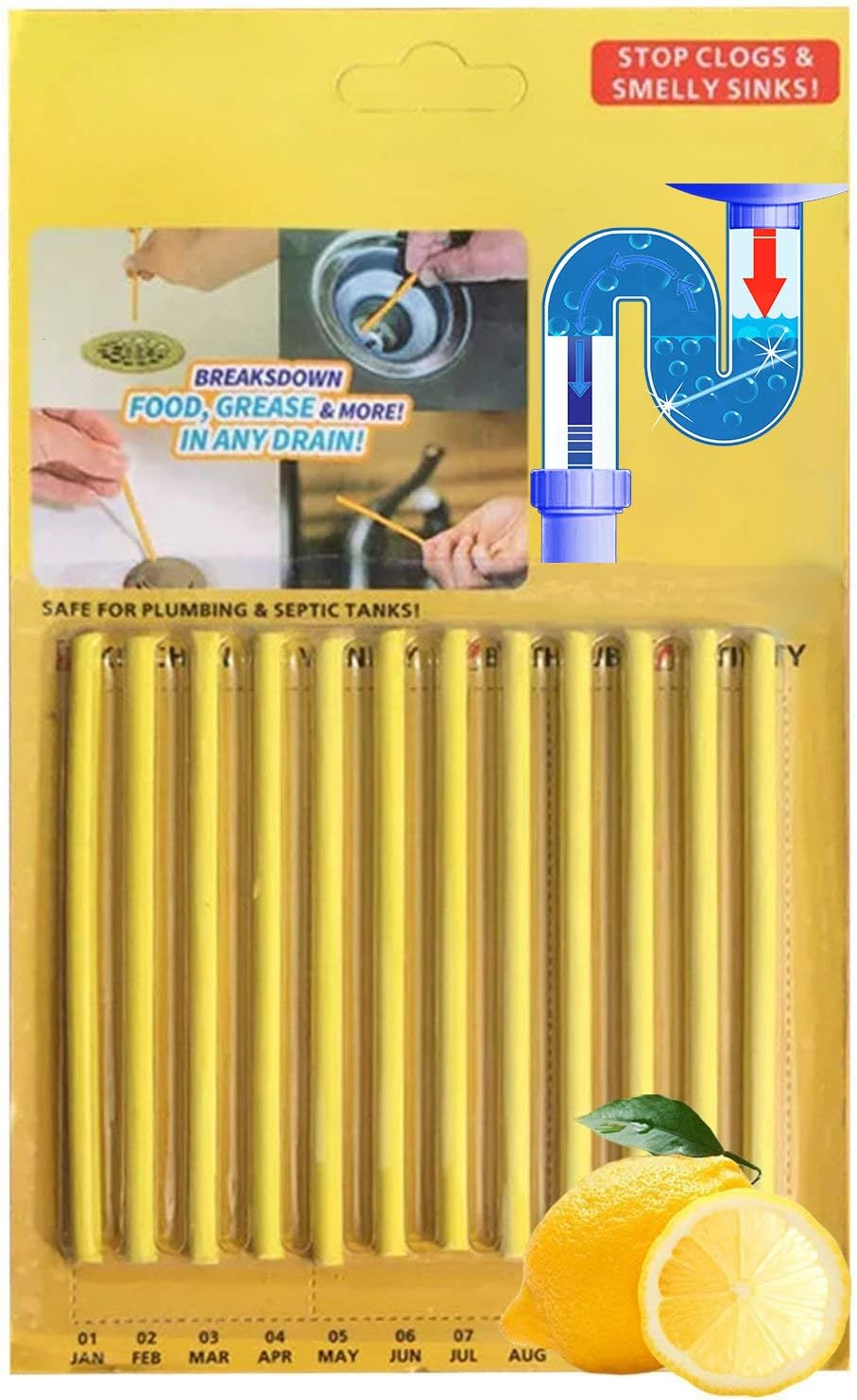 Kitchen Sink Drain Cleaner Sticks - Shower Bathtub Toilet Enzymes Snake Drain Cleaner and Deodorizer Keeps Sewer Pipe Clear and Odor Free, Drain Cleaning Products As Seen On TV (Lemon Scent, 12 Pack)