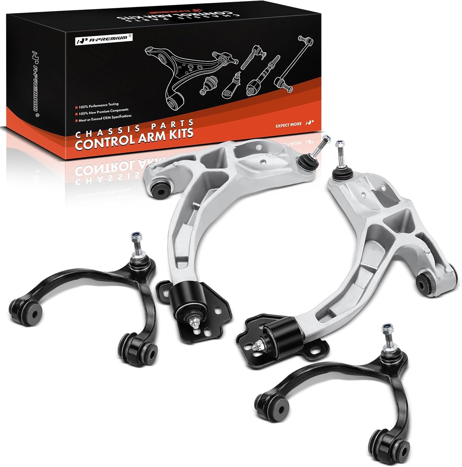 A-Premium Set of 4, Front Upper & Lower Control Arm Kit, with Ball Joint & Bushing, Compatible with Ford Crown Victoria 03-06, Lincoln Town Car 03-06, Mercury Grand Marquis 03-06, Marauder 03-04