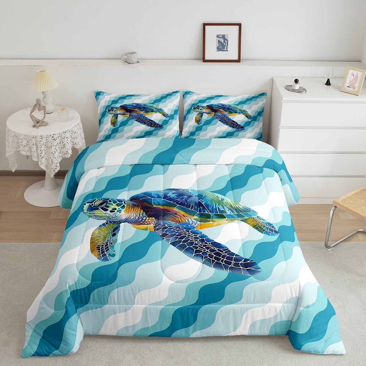 jejeloiu Ocean Bedding Set Toddler Size Kids Sea Turtle Comforter Cover for Boys Girls Teens Sky Blue Duvet Cover Breathable Soft Lightweight Microfiber Quilt Set