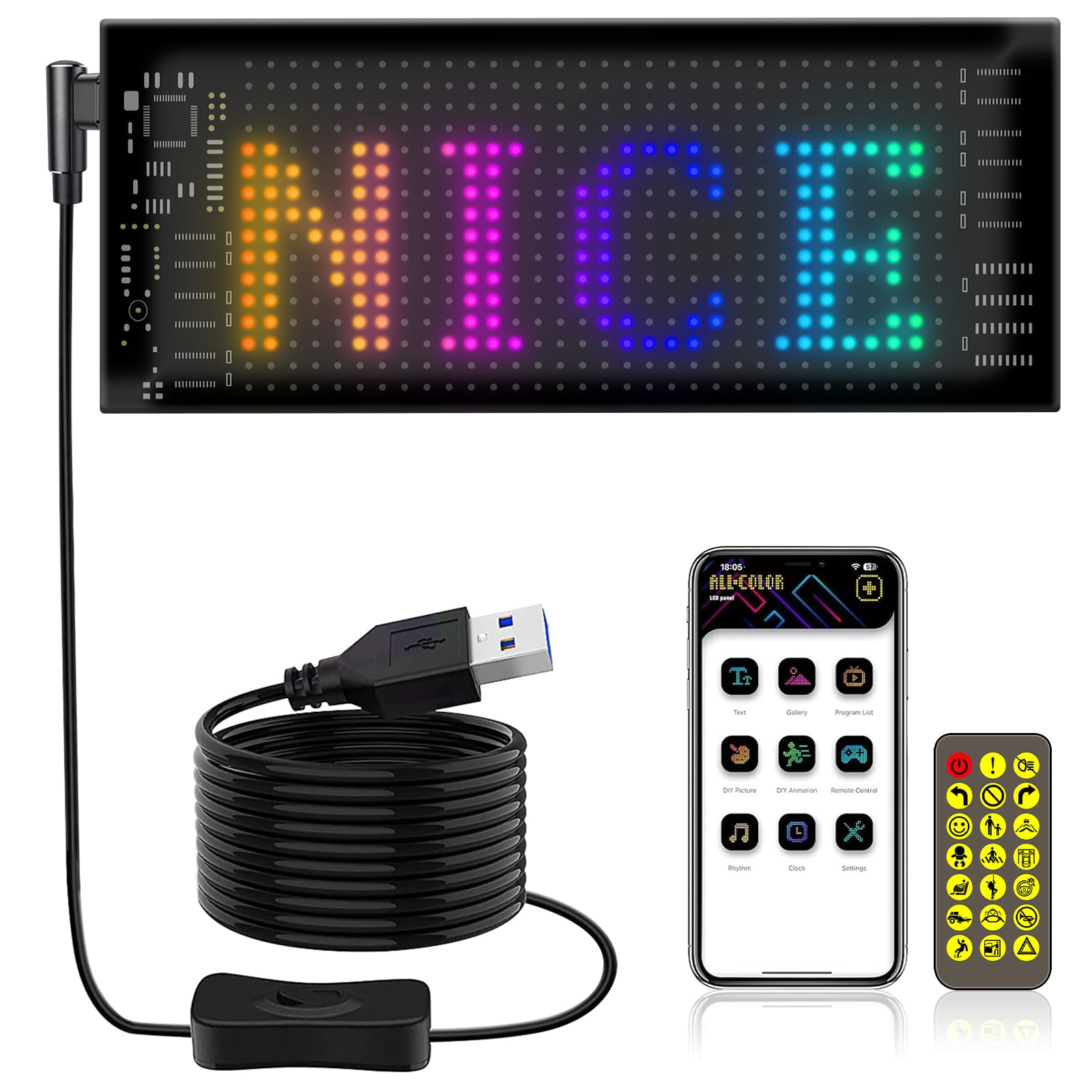 Pannello di visualizzazione a LED flessibile, 17,3 x 7 cm, programmabile, per auto, negozio, bar, graffiti, pubblicità, funzionamento USB, controllo smart app