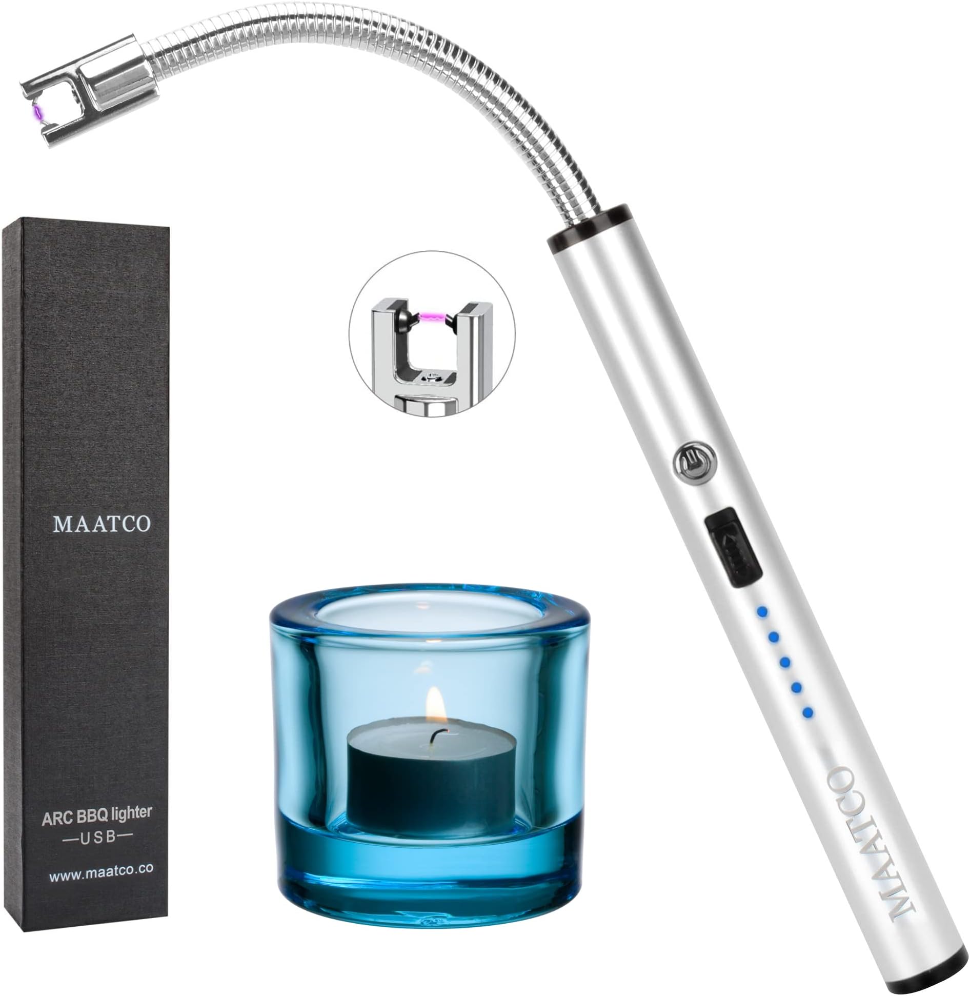 Maatco Lighter Electric Lighter Candle Lighter USB Lighter with LED Display Safety Switch Rechargeable Flexible Neck Flameless Windproof for Candle Cooking BBQ Fireworks