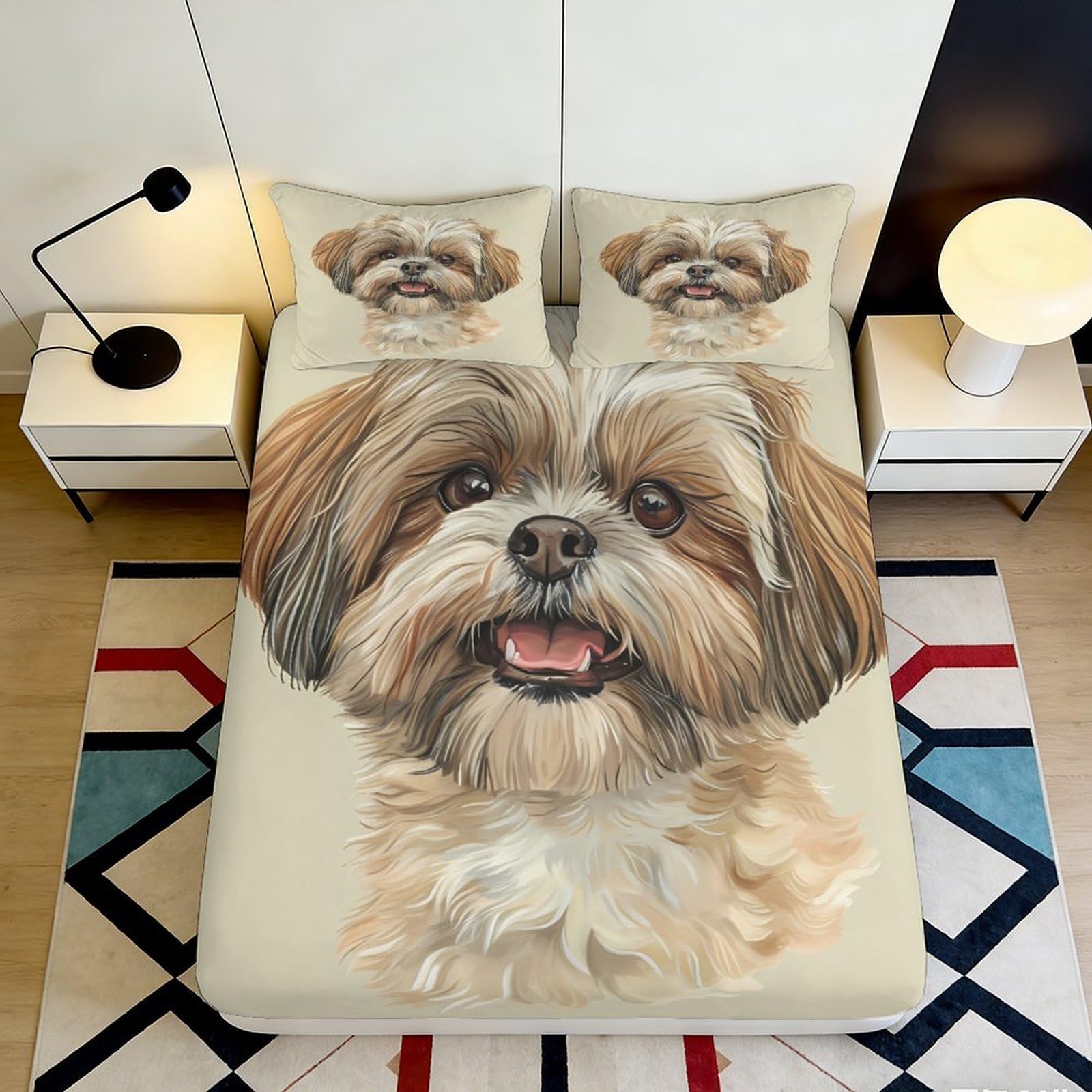 3D Printed Shih Tzu Dog Fitted Sheet Microfiber Soft Durable Beige Pet Portrait Bed Cover for Bedroom Dormitory Guest Room Mattress Protection 140x200x25cm
