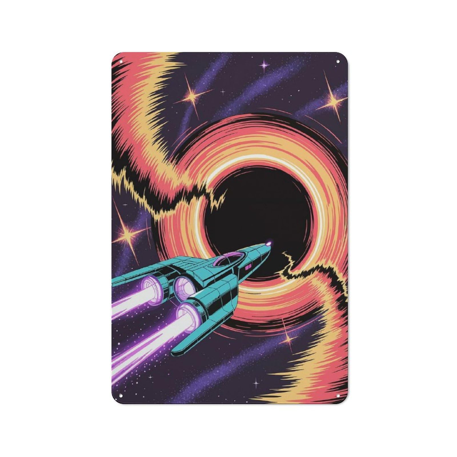 Junmoney Spaceship Near A Black Hole Metal Wall Sign 30X20cm Featuring For Café Or Restaurant, For Vintage Wall Decor Fans, For Metal Sign Collectors