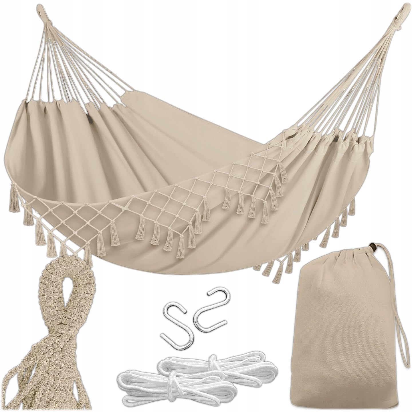 Amaca da esterno in stile bohémien 190 x 150 cm beige 120 kg cotone poliestere con frange sacchetto trasporto