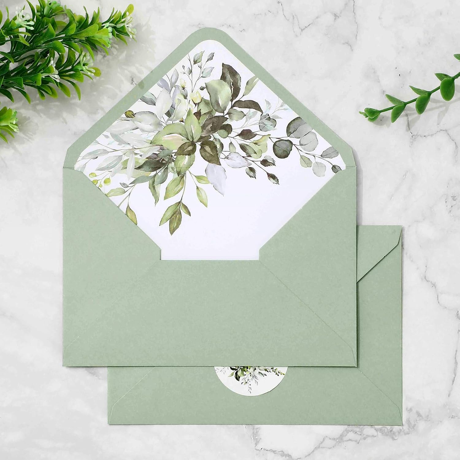 Whaline 50Pcs Greenery Envelopes 5 x 7 Inch Watercolor Sage Green Eucalyptus Leaves Invitation Envelope with Sticker V-Flap Greeting Card Holders Gift Card Sleeves for Spring Wedding