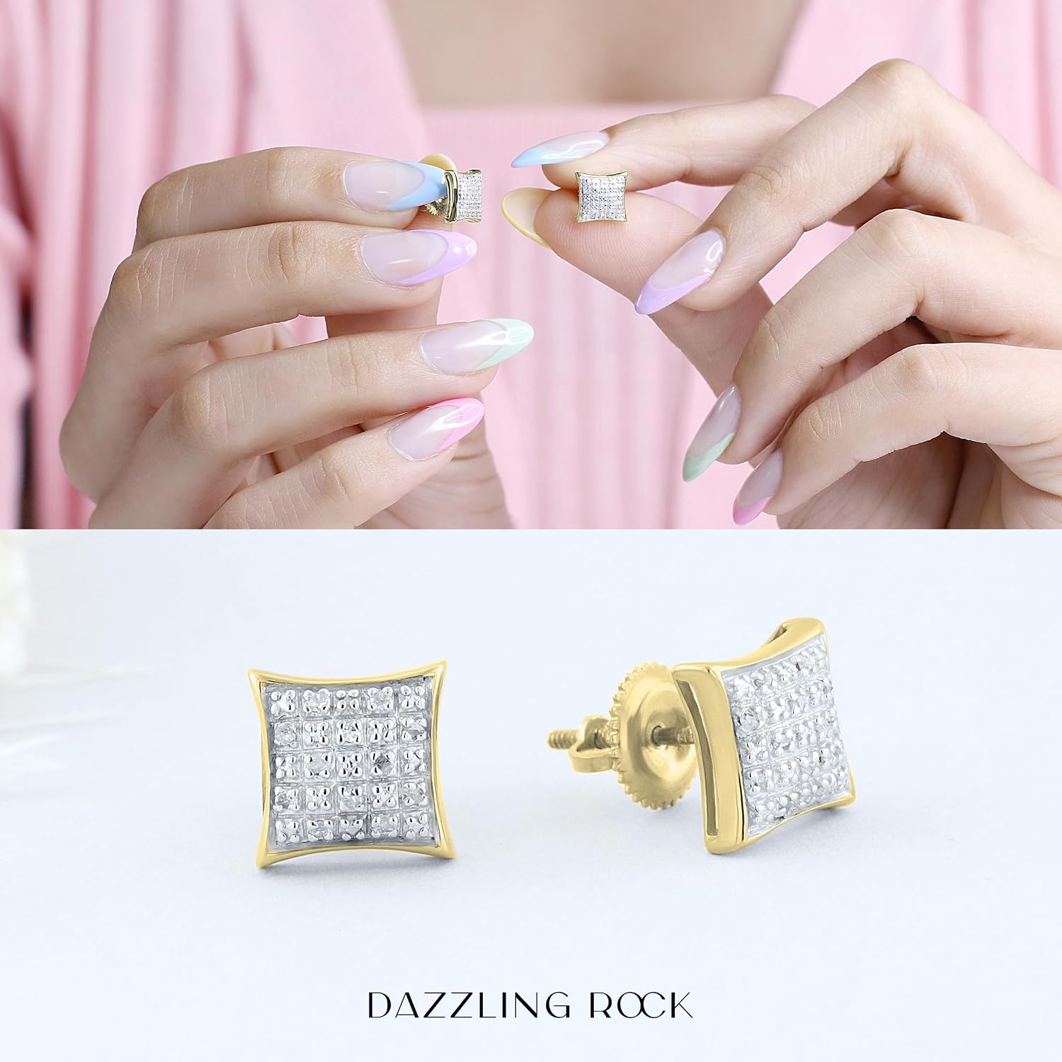 Dazzlingrock Collection 0.20 Ctw Natural Round White Diamond 8.70mm Hip Hop Studs in 18K Yellow Gold Plated Silver, Screw Back,Unisex Design Ladies,Mens Real Diamond Earrings