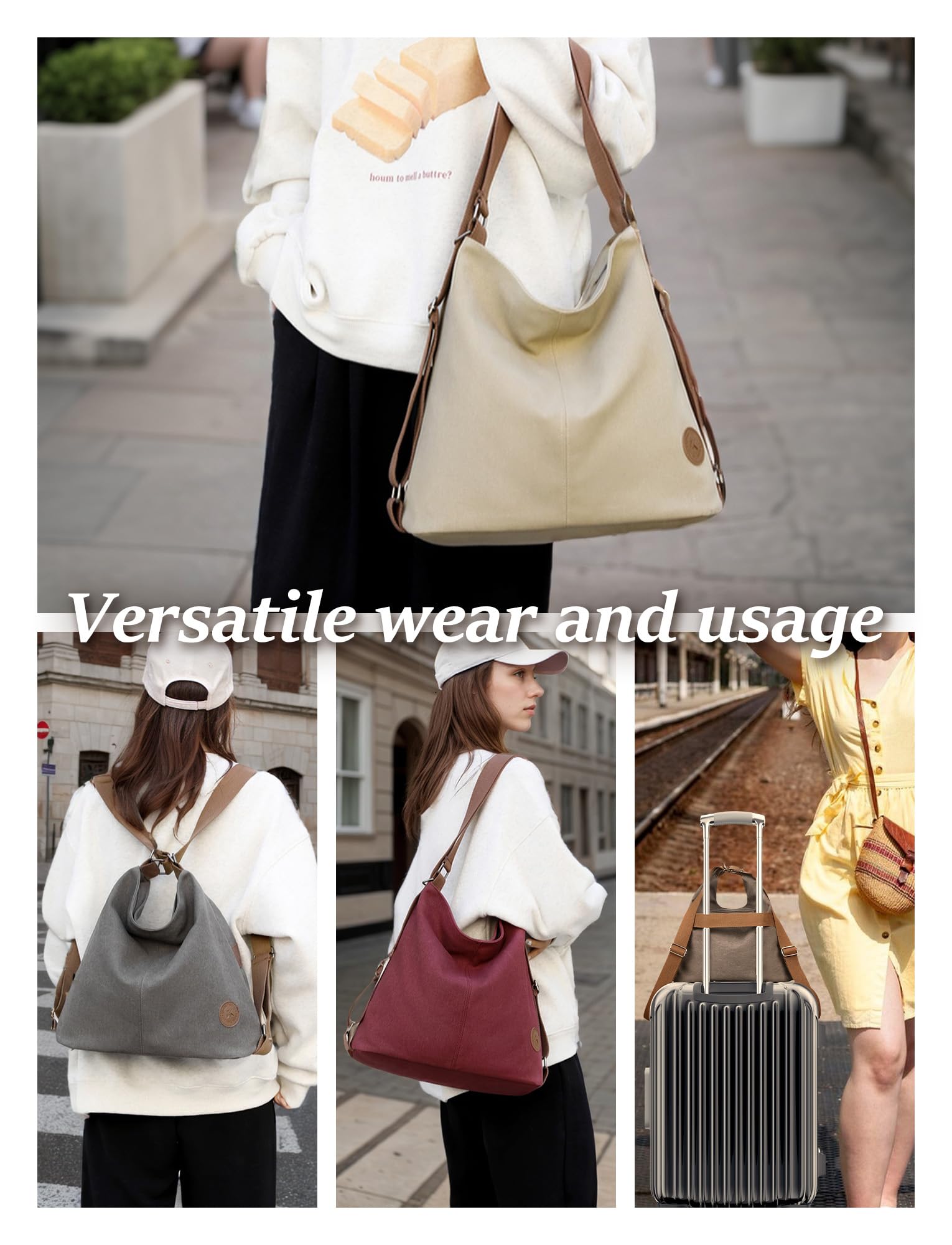 Bolso grande de lona para mujer, 4 en 1, convertible y ligero, para el trabajo, viajes