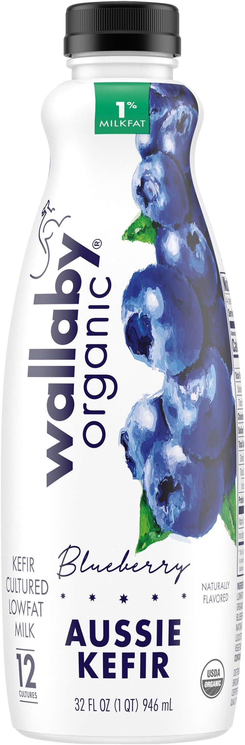 Wallaby Organic Aussie Lowfat Probiotic Kefir, Blueberry, USDA Organic, 32 oz.