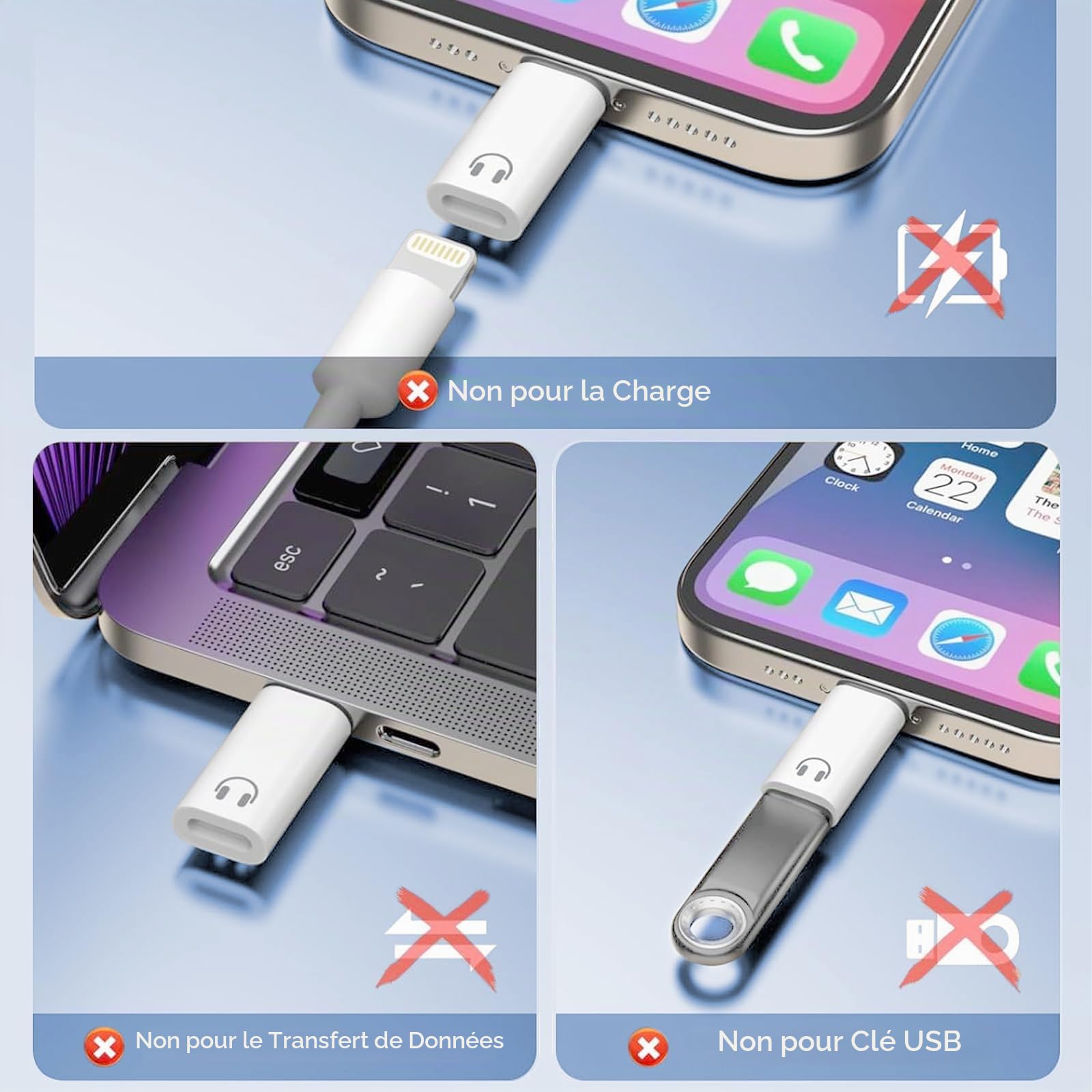 Adaptateur USB C vers Lightning Audio, USB C mâle vers Lightning, Compatible iPhone 16/15, Blanc