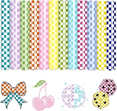 Tintnut Colorful Checkerboard Heat Transfer Vinyl, 12 Sheets 12"x10" Assorted-Size Checker Patterned Iron on Vinyl for DIY T-Shirts, Apparel & Craft Projects