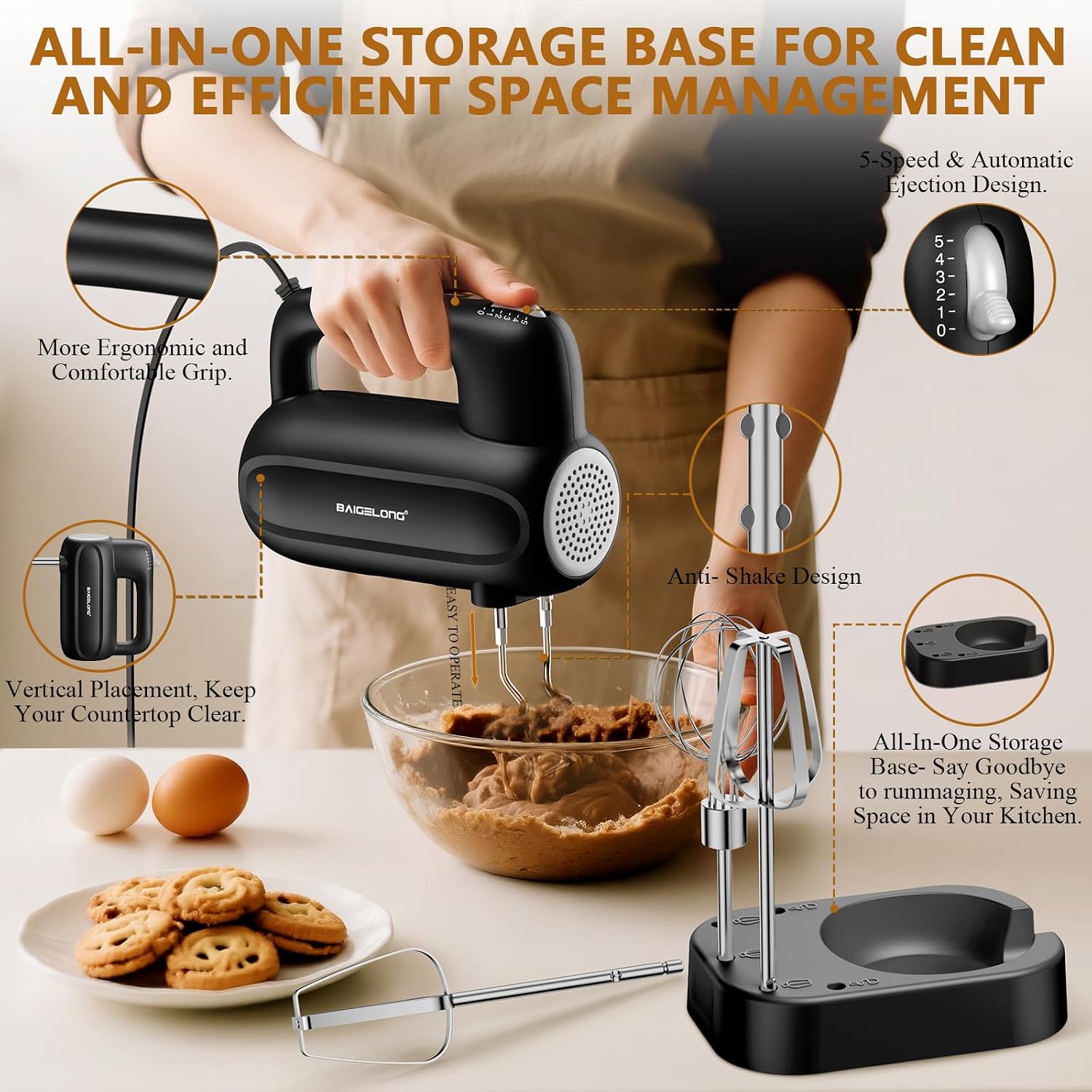 BAIGELONG Hand Electric Mixer, 5-Speed KitchenMixer with 5 * 304 Stainless Steel Attachments + Storage Base, 200W Portable Food Handheld Mixer for Baking, Whipping Cream, Cake Mixing, Gray/Black