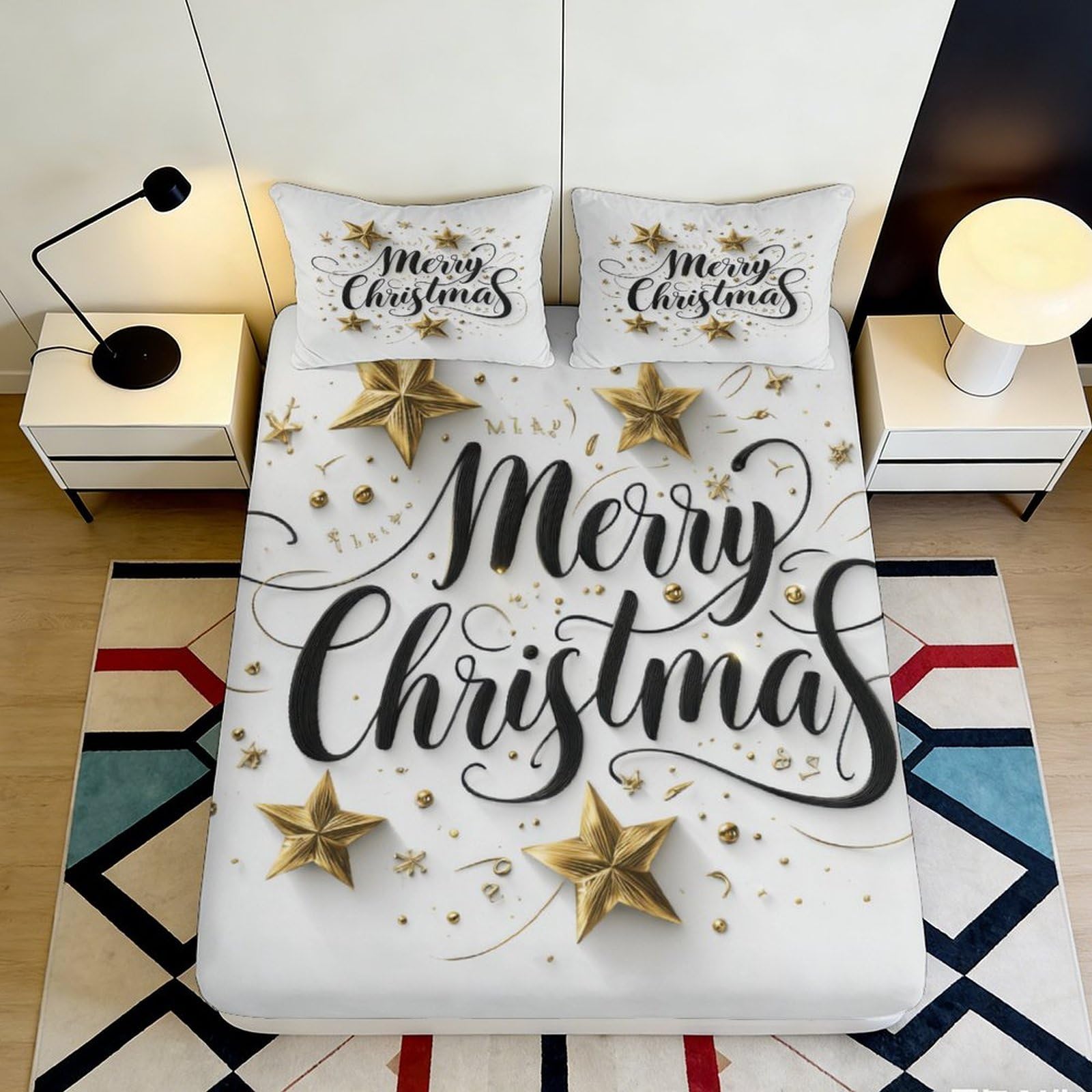 3D Printed Merry Christmas Fitted Sheet Microfiber Gold Star Bed Cover for Bedroom Guest Room Festive Decor 90x200x25cm