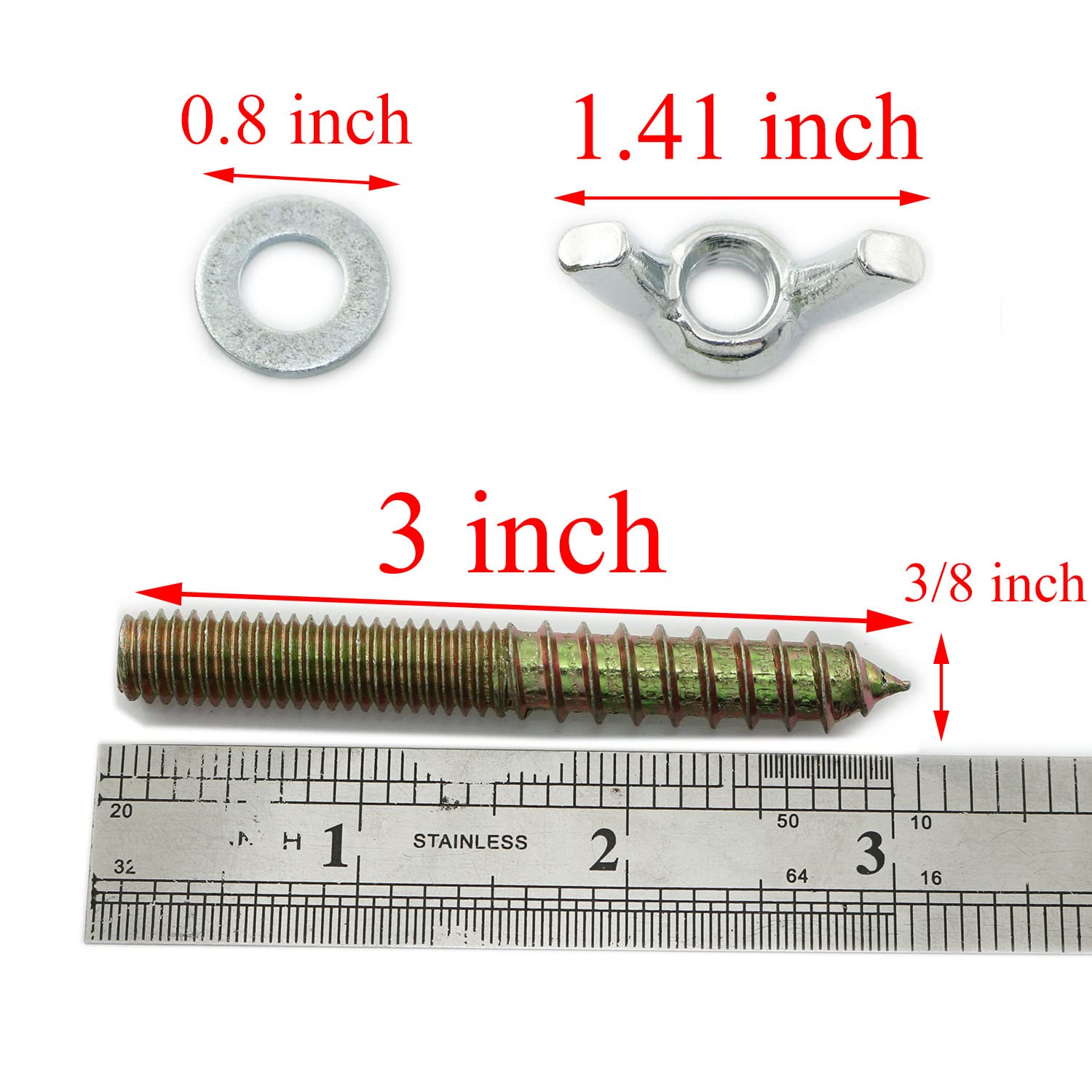 8pcs Hanger Bolts 3/8-16 x 3 Double Headed Screws with 3/8-16 Wing Nuts and 3/8" Flat Washers Self Tapping Fixed Screws for Pet Furniture, Household Furniture