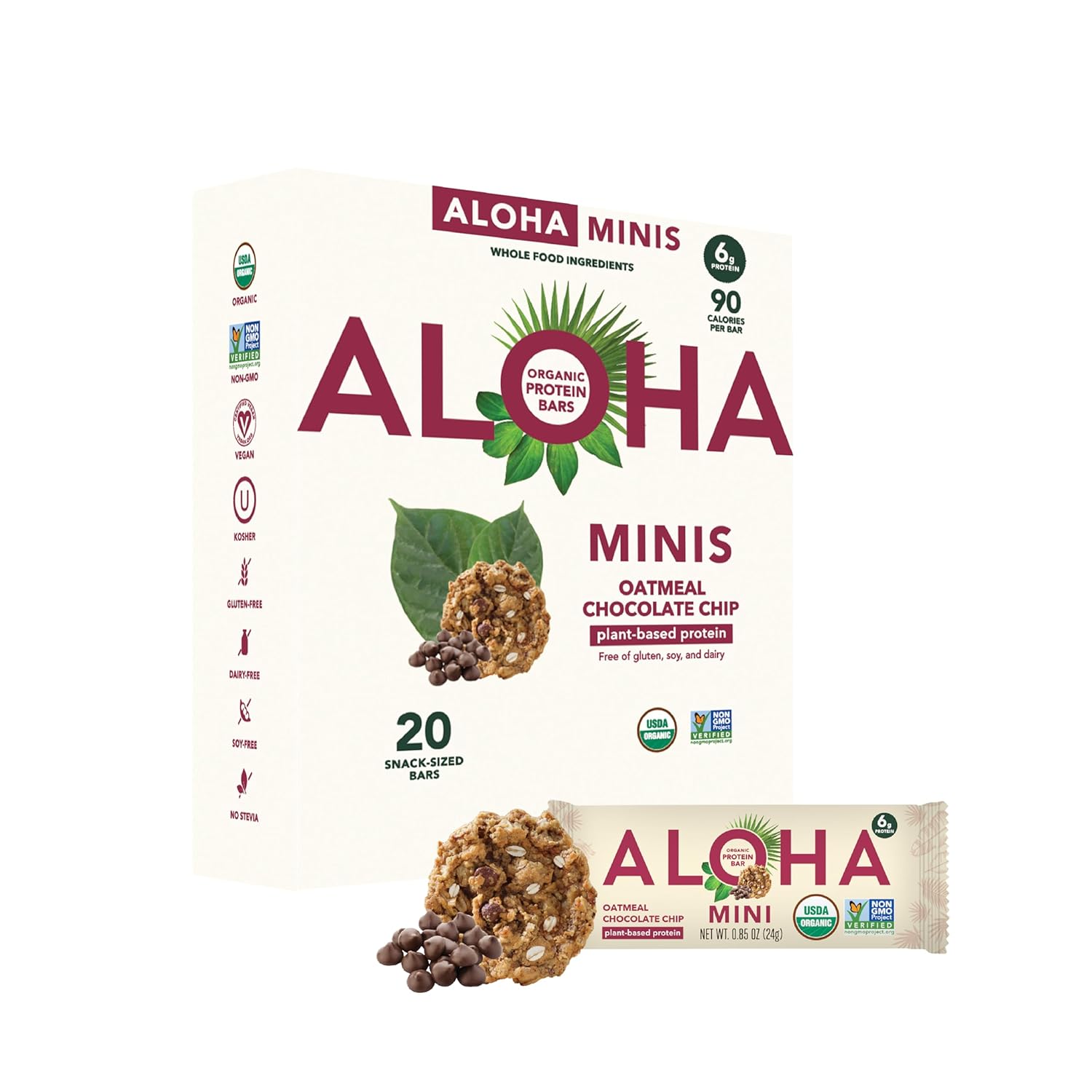 ALOHA Organic Plant Based Protein Bar MINIS | Oatmeal Chocolate Chip | GLP-1 Friendly, 20 Count, 24g Bars | Vegan, Low Sugar, Gluten Free, Low Carb, Non-GMO, No Stevia, No Soy, No Sugar Alcohols