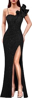 VFSHOW Women's One Shoulder Ruffle Prom Dress - Ruched V-Neck Maxi Evening Gown with Adjustable Thigh Split
