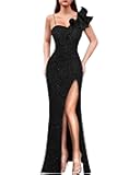 Womens Ruffle One Shoulder Strap Ruched Formal Prom Wedding Maxi Dress V Neck Elegant Split Cocktail Evening Long Gown