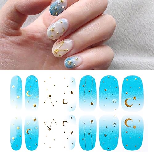 Miniatura 3 de SILPECWEE 16 hojas de tiras de esmalte de uñas para mujer lentejuelas con purpurina estrella luna lámina dorada calcomanías autoadhesivas de esmalte
