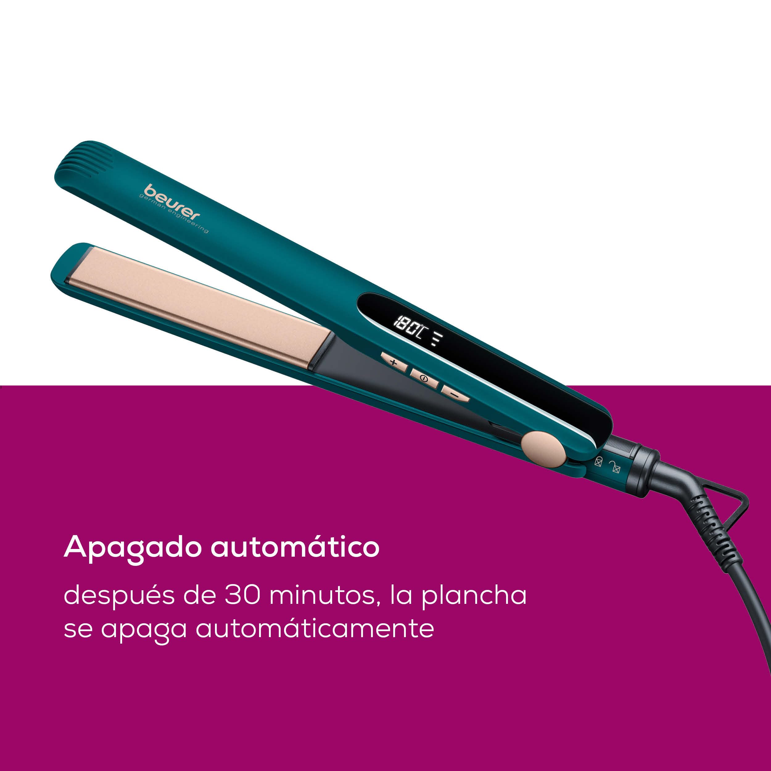 Beurer HS 50 Ocean Plancha para el pelo, alisador con revestimiento cerámico de queratina para un cabello suave, pantalla LED para indicar la temperatura, ajuste de temperatura de 120 a 220°C