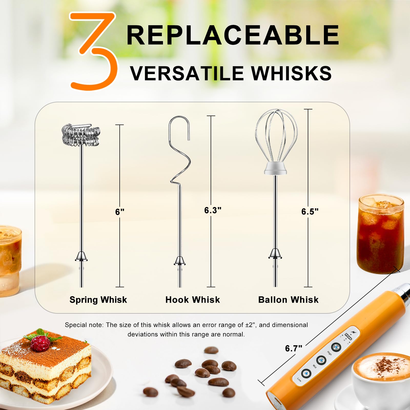 YUSWKO Mousseur à lait portable pour café, mélangeur de boisson rechargeable avec 3 têtes et 3 vitesses - Fouet électrique pour latte, cappuccino, chocolat chaud, œuf - citrouille