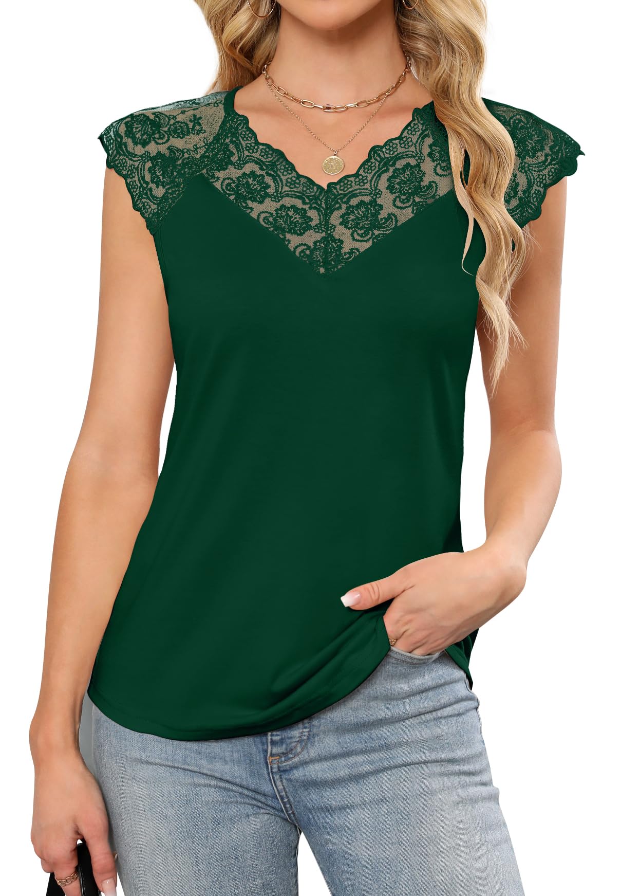 Women's Sleeveless Tops Lace Floral Dressy Casual V Neck Shirts Loose Cami Blouses Tank