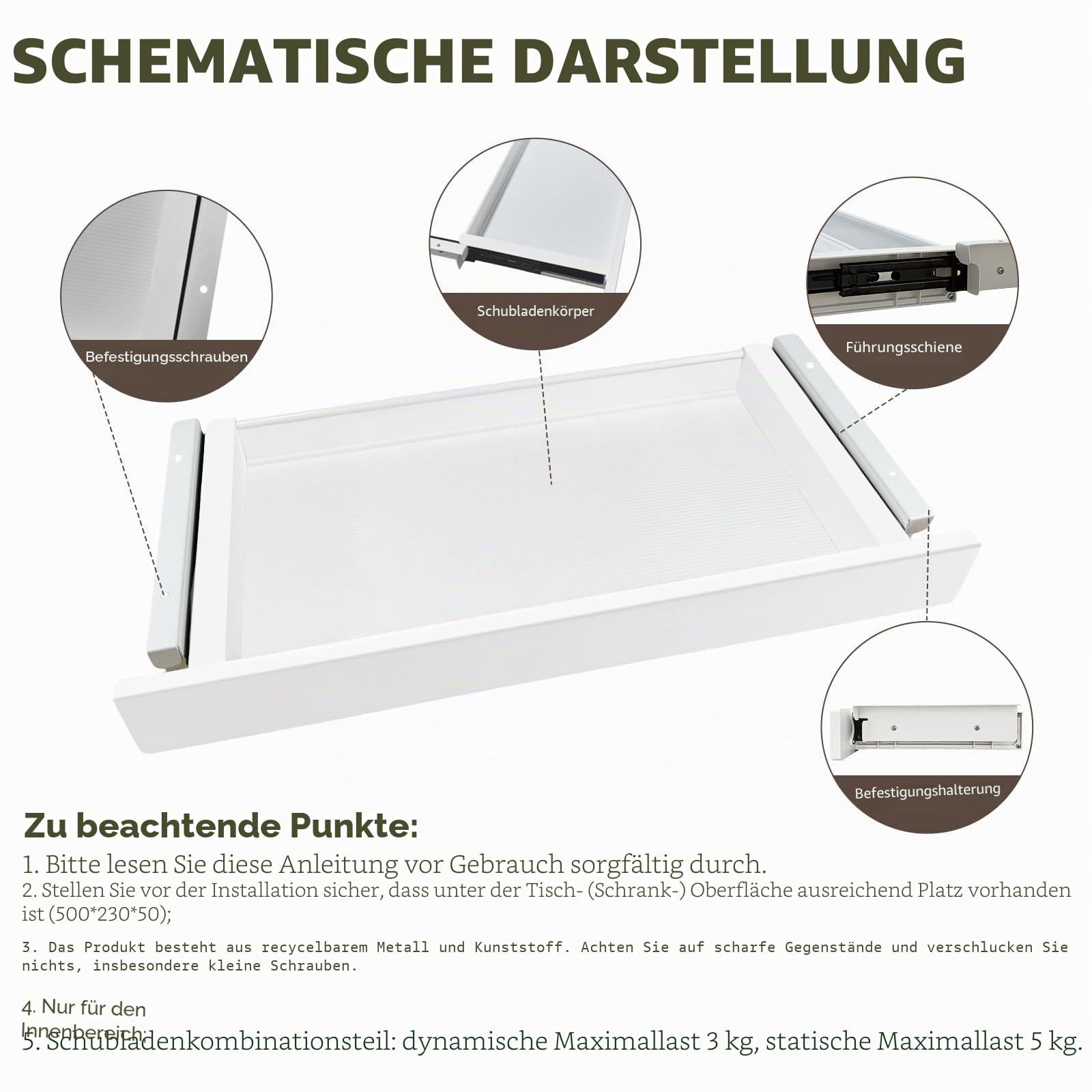 Unter dem Schreibtisch Montierter Schiebeschubladen zum Herausziehen, Anbringbare Schreibtisch-Stiftschublade mit Kugellager-Schienen, Weiß