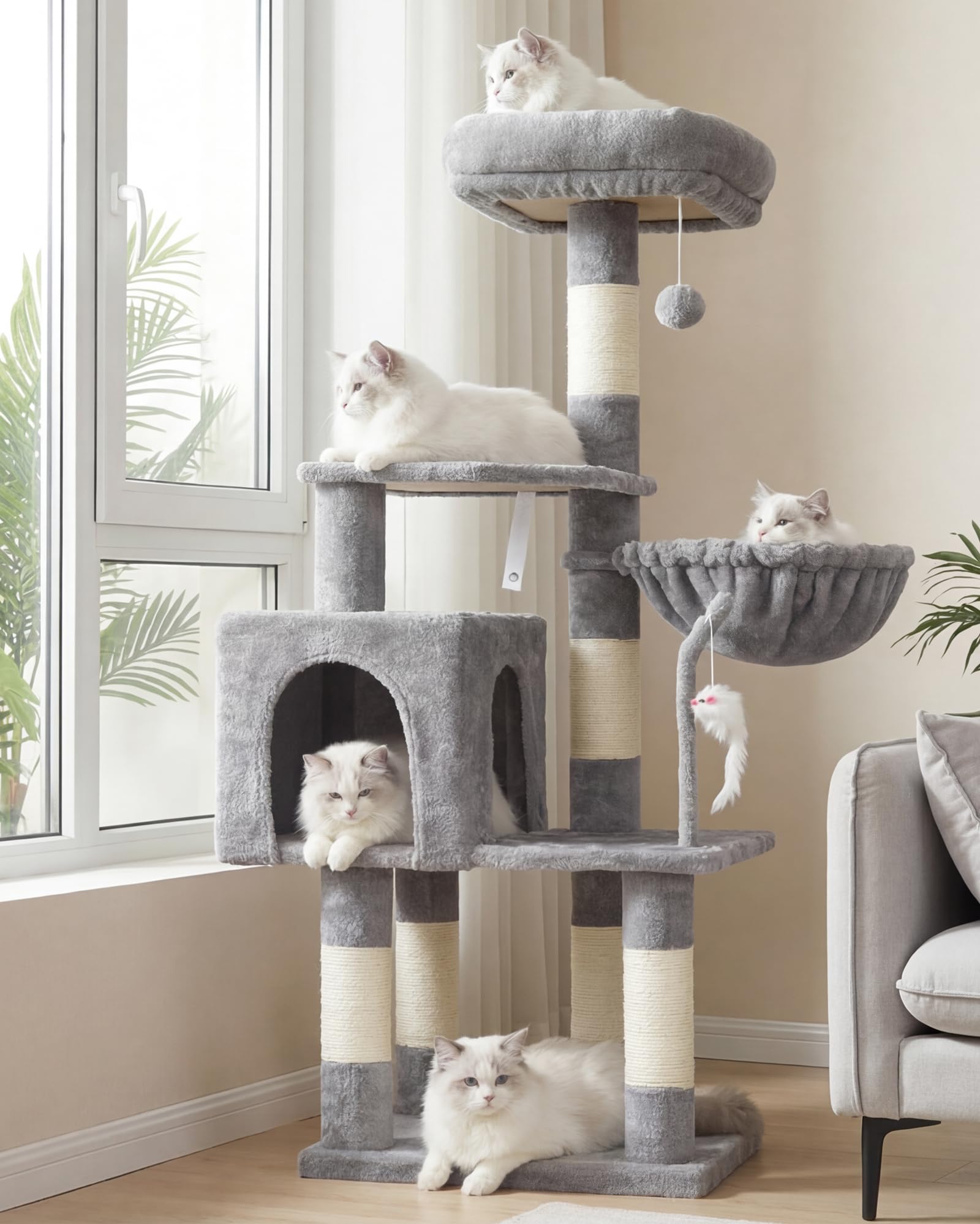 Heybly Cat Tree with Toy  Cat Tower condo for Indoor Cats  Cat House with Padded Plush Perch  Cozy Hammock and Sisal Scratching Posts  Light Gray S HCT004SW